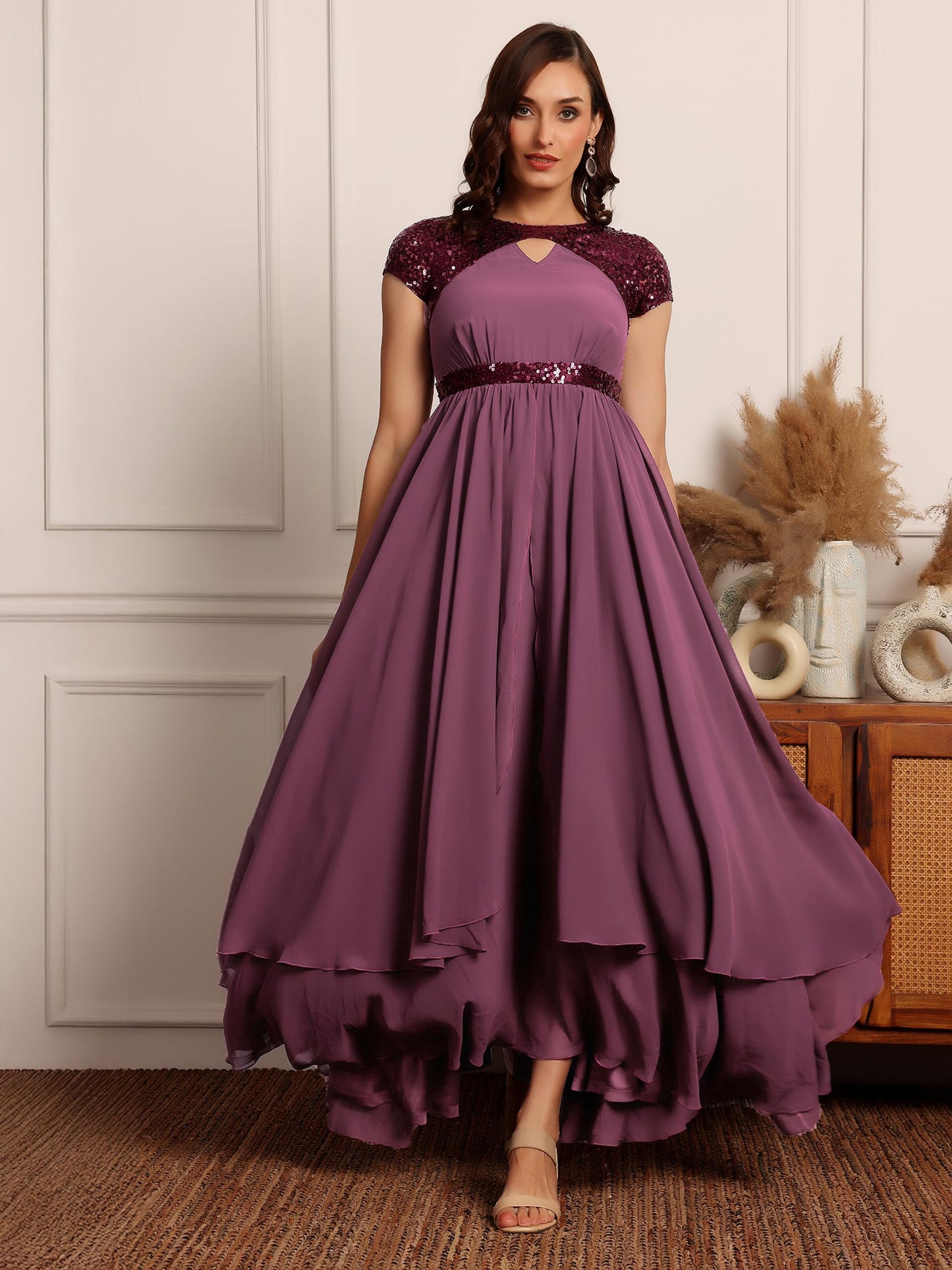 Miss Chase Womens Keyhole Short Sleeve Embellished Layered Georgette Maxi Dress (MCSS23D06-67-271-04, Mauve, M)