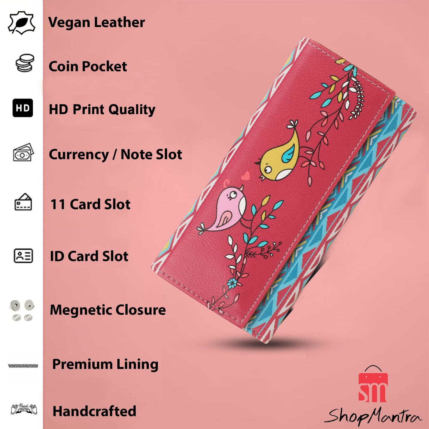 ShopMantra Wallet for Woman | Multicolor Red Bird Design | Faux Leather Printed Long Clutch | Stylish & Cute Trifold Clutch with Card Slots & Coin Pocket