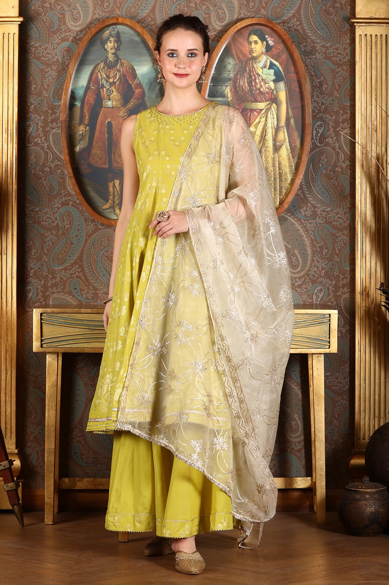 W for Woman Green Glitter Printed Embellished Sleeveless Flared Kurta, Culottes and Embroidered Dupatta Set (Size: 3XL)-24AUWS11714-124510