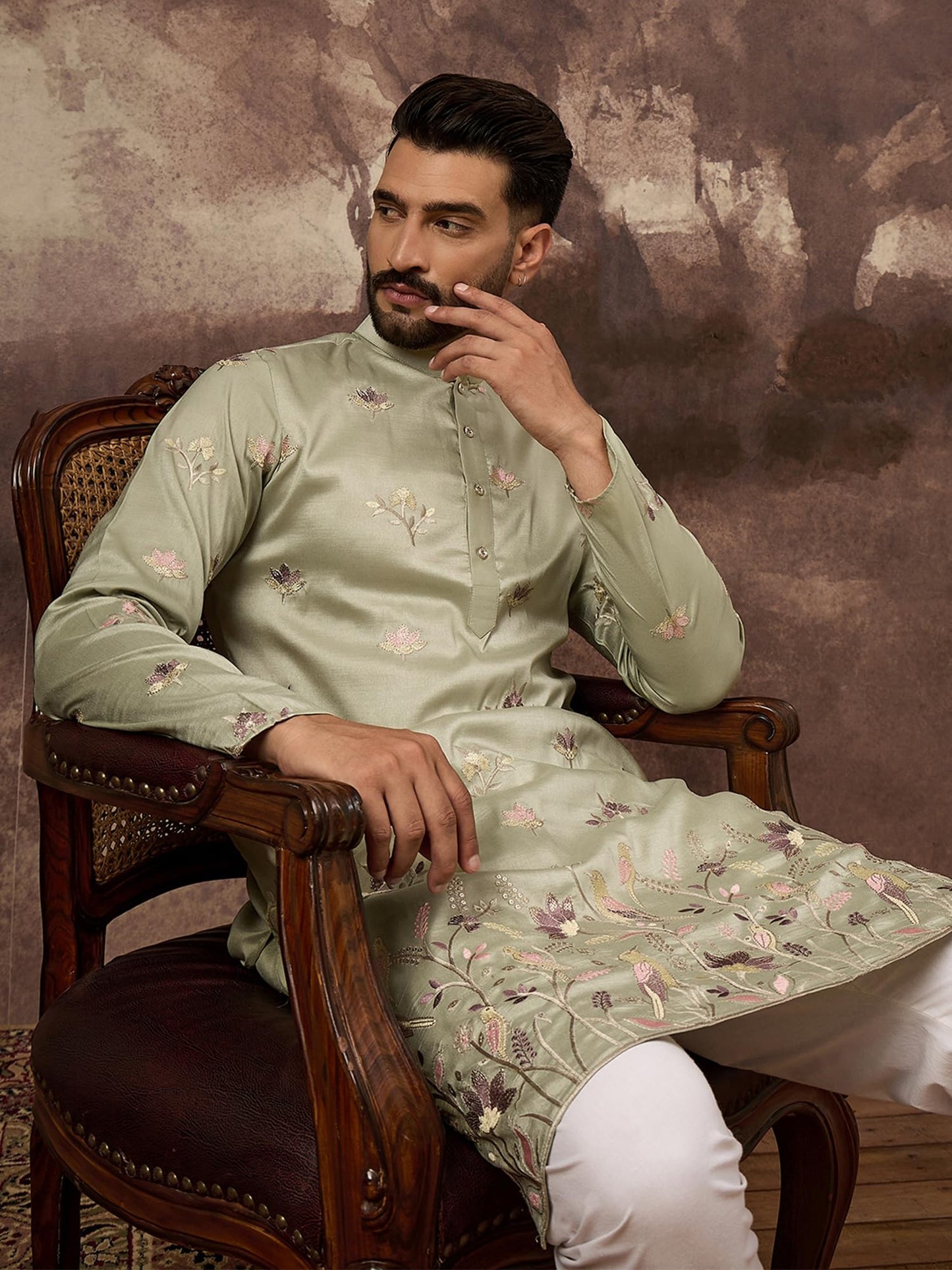 Ethnic Bay Men's Green Silk Blend Solid Embroidered Calf Length Kurta's | Embroidered Kurta for Men | Straight Fit Kurtas for Mens (MKU1341, M)