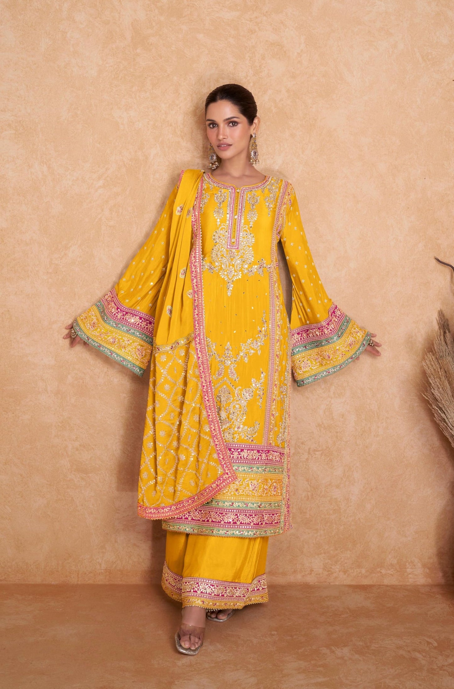 Miss Ethnik Women Chinon Stitched Top with Bottom and Chinon Dupatta Full Sleeve Embroidered Straight Kurta Set(ME-1140-Yellow-4XL)