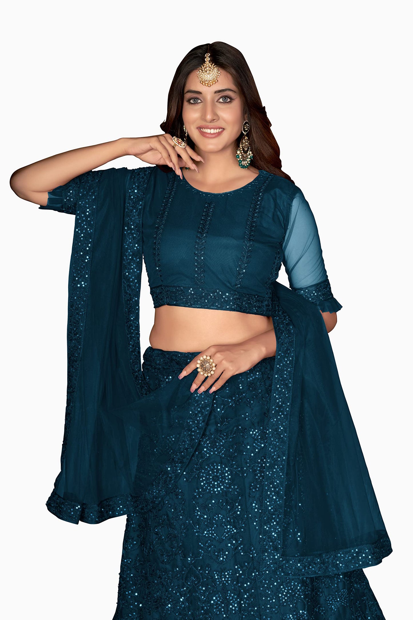 Varni Fabrics Lehenga set for Women Net Multi Embroidered Sequence Thread Work Semi Stitched Lehenga for Women Wedding Ethnic Traditional Party Lehenga Choli with Dupatta| turquoise blue |Free Size