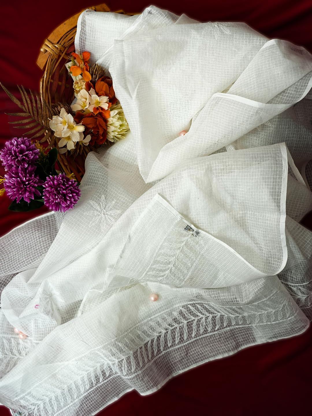 Ada Cotton Blend Hand Embroidered Lucknowi Chikankari Ethnic Wear White Kota Doria Dupatta For Women A511221, Free Size