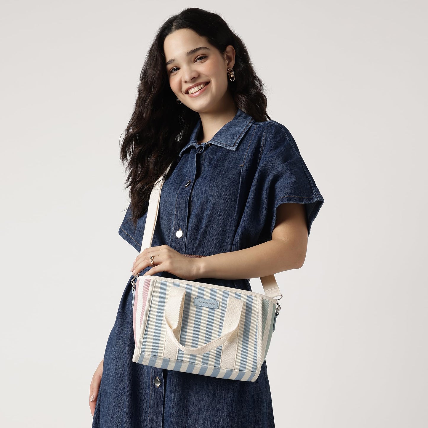 Fastrack Striped Canvas Satchel Bag for Women | Compact Structured Handbag with Zip Closure, Internal Pockets and Detachable Strap | Everyday Crossbody for Work, Errands and Casual Outings