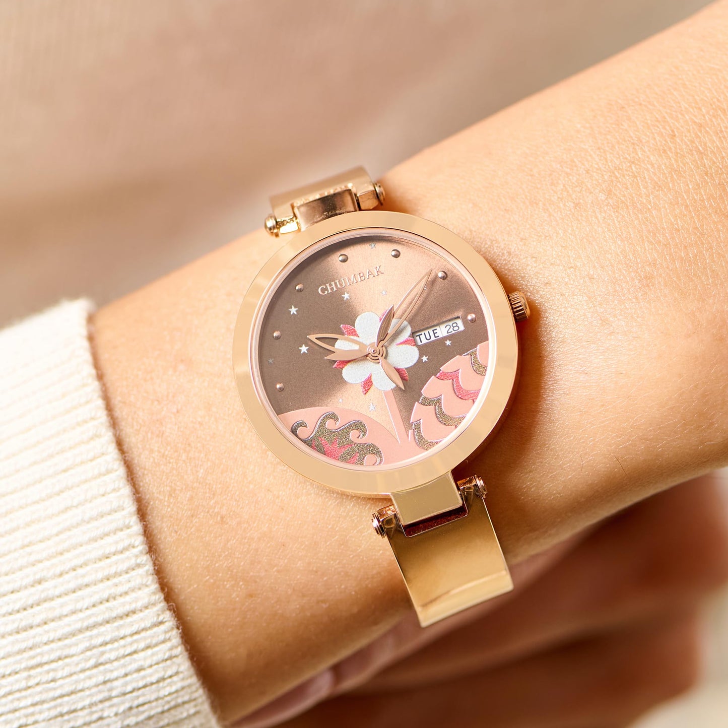 Chumbak Bloom Metal Watch | Rosegold with Brown Dial|Stylish Fashion Watch for Casual/Work|Gifts for Women/Girls/Ladies|Wrist Watches for Women