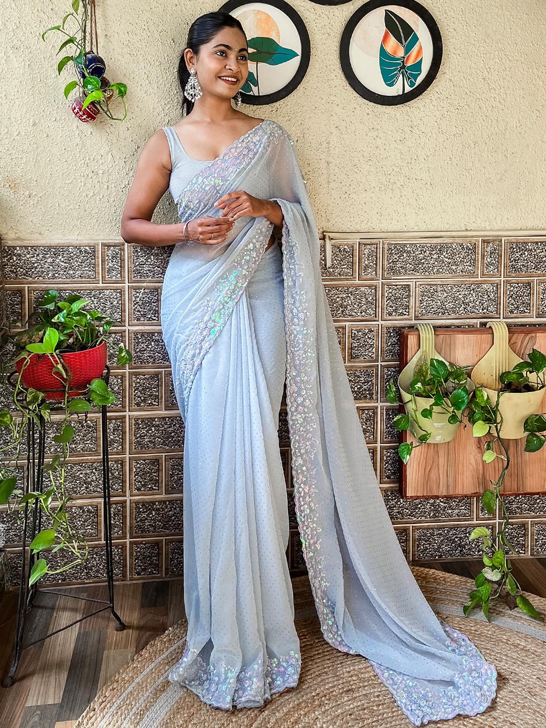 AKHILAM Women's Grey Georgette Sequins Embellished Saree with Unstitched Blouse Piece (KESARI5203_KR)