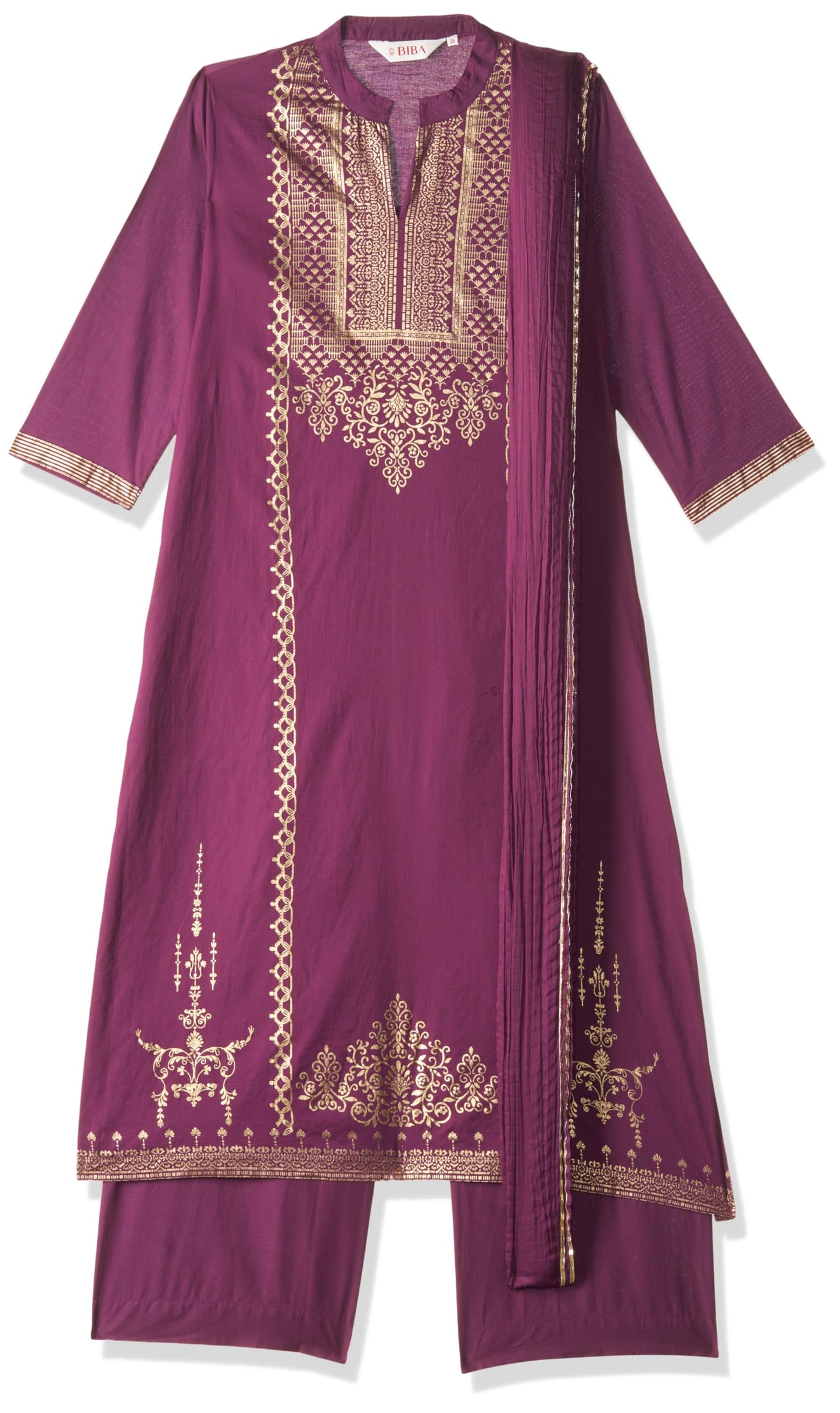 Biba WOMEN PRINTED RELAXED SALWAR KURTA DUPATTA(SKDSKD7028E_WINE_38)