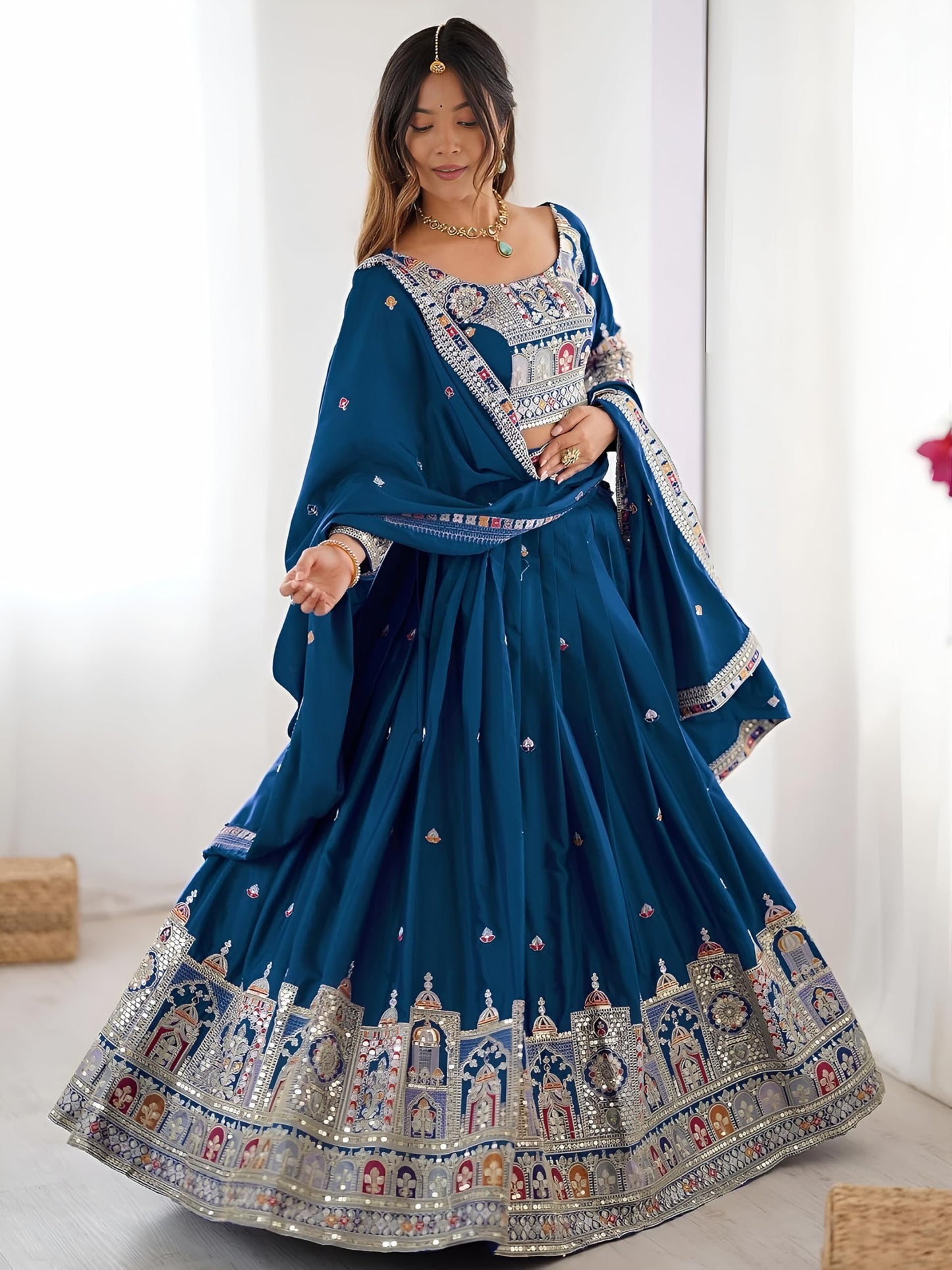 Zeel Clothing Women's Sequins Thread Embroidered French Crepe Lehenga Choli With Dupatta (5118-Dove-Blue-Women-Lehenga-Choli; Free size) (Dove Blue)