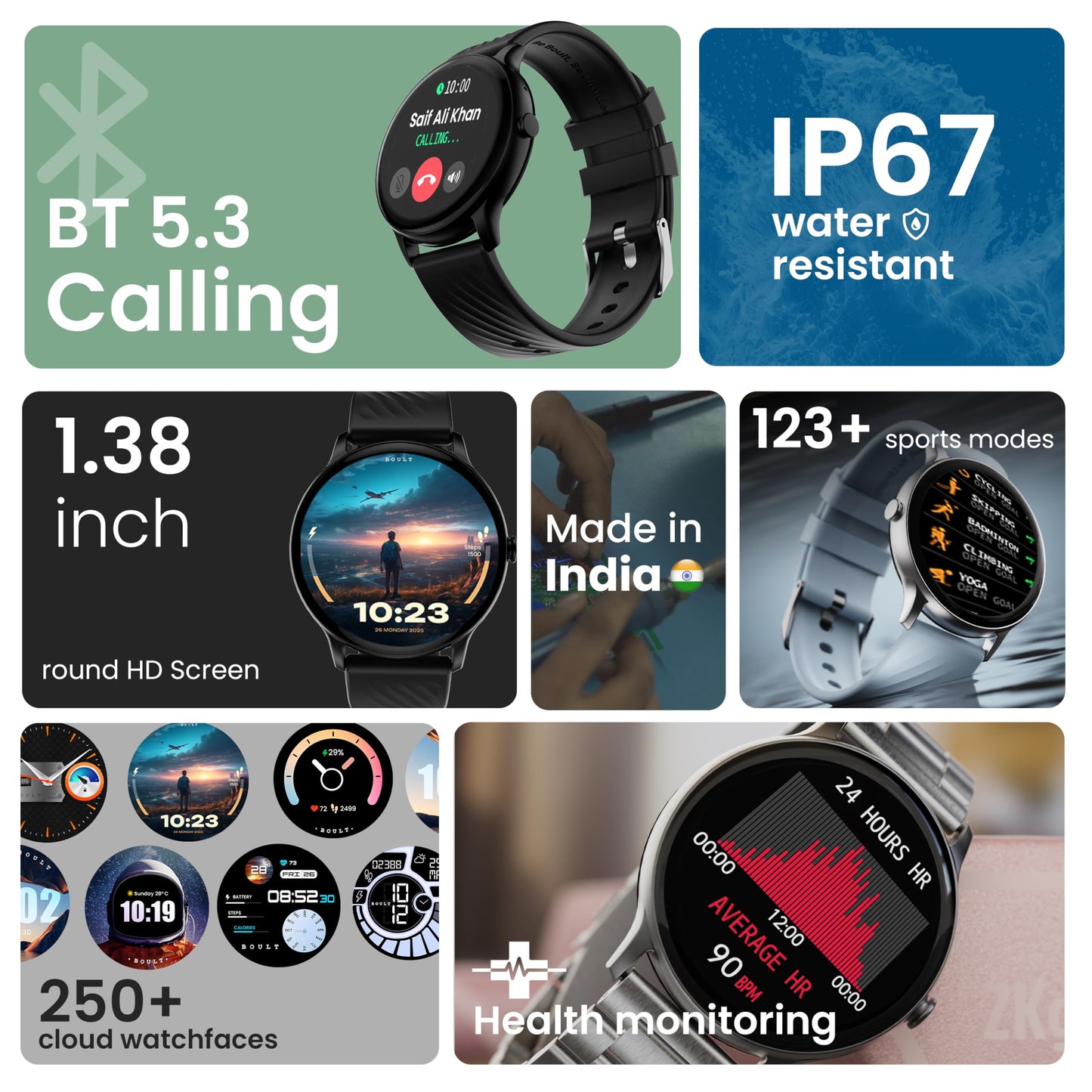 Boult Newly Launched Dire Smartwatch 1.38'' 2.5D Curved HD Display, BT Calling, 500 Nits Brightness, IP67, 250+ Watchfaces, 120+ Sports Modes, AI Voice Assistant, SpO2 Monitoring (Pure Black)