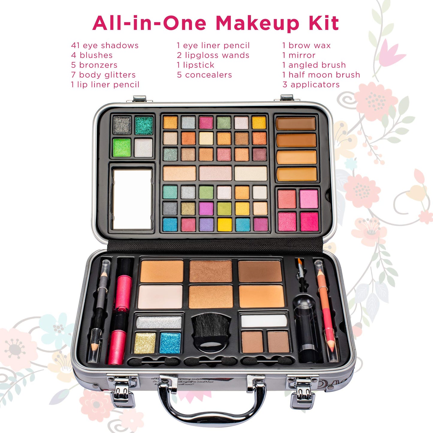 Vokai Makeup Kit Gift Set - Travel Case 41 Eye Shadows 4 Blushes 5 Bronzers 7 Body Glitters 1 Lip Liner Pencil 1 Eye Liner Pencil 2 Lip Gloss Wands 1 Lipstick 5 Concealers 1 Brow Wax 1 Mirror