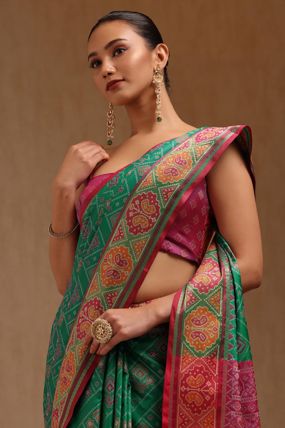 Soch Womens Green Silk Blend Woven Design Saree With Thread Work