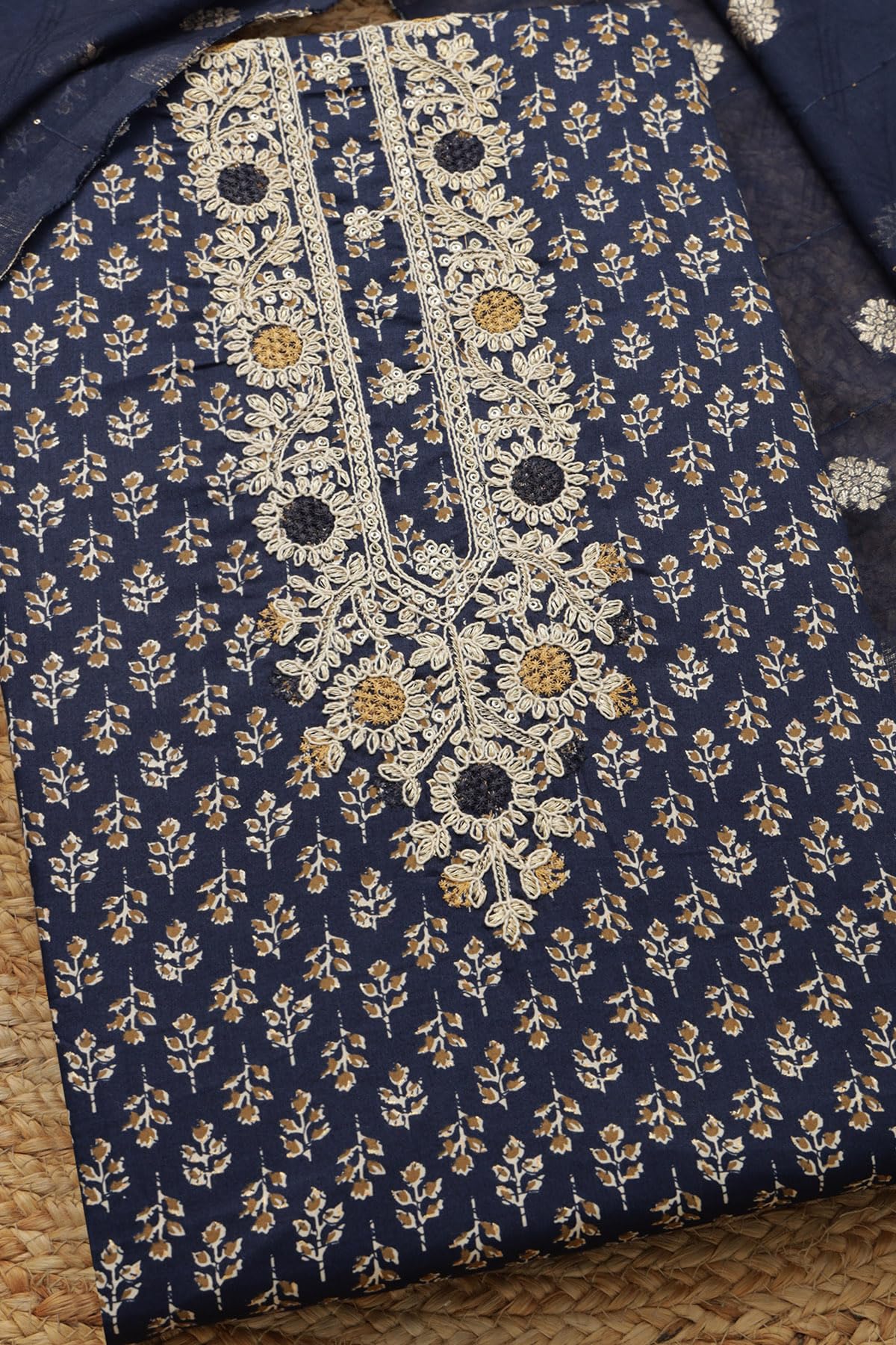 Soch Womens Navy Blue Jam Cotton Floral Print Unstitch Dress Material With Zari