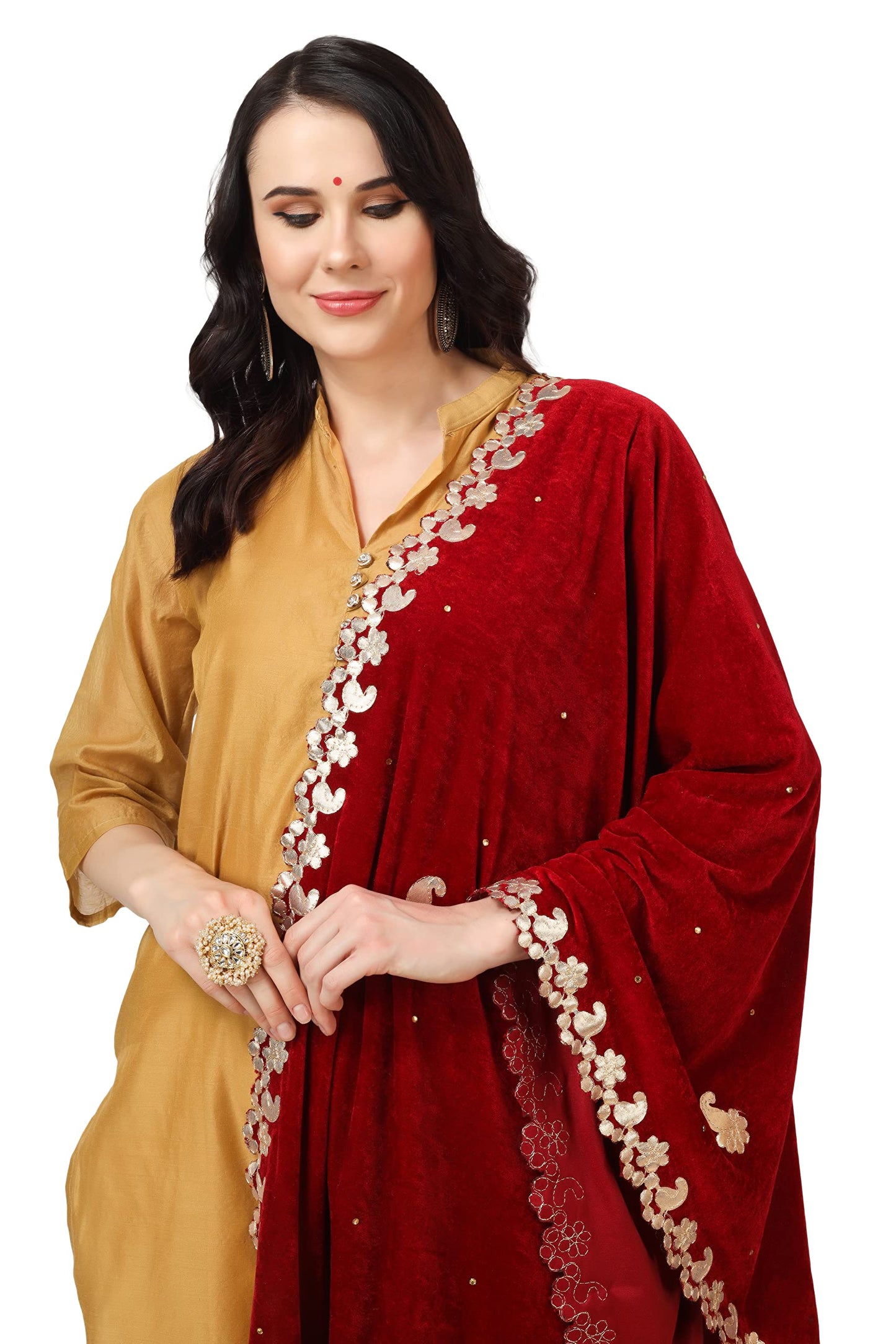 A R Silk Women's Maroon Velvet Stone Work & Four Side Gotta Patti Work With Gotta Patti Lace Fancy Dupatta(ARS0746)