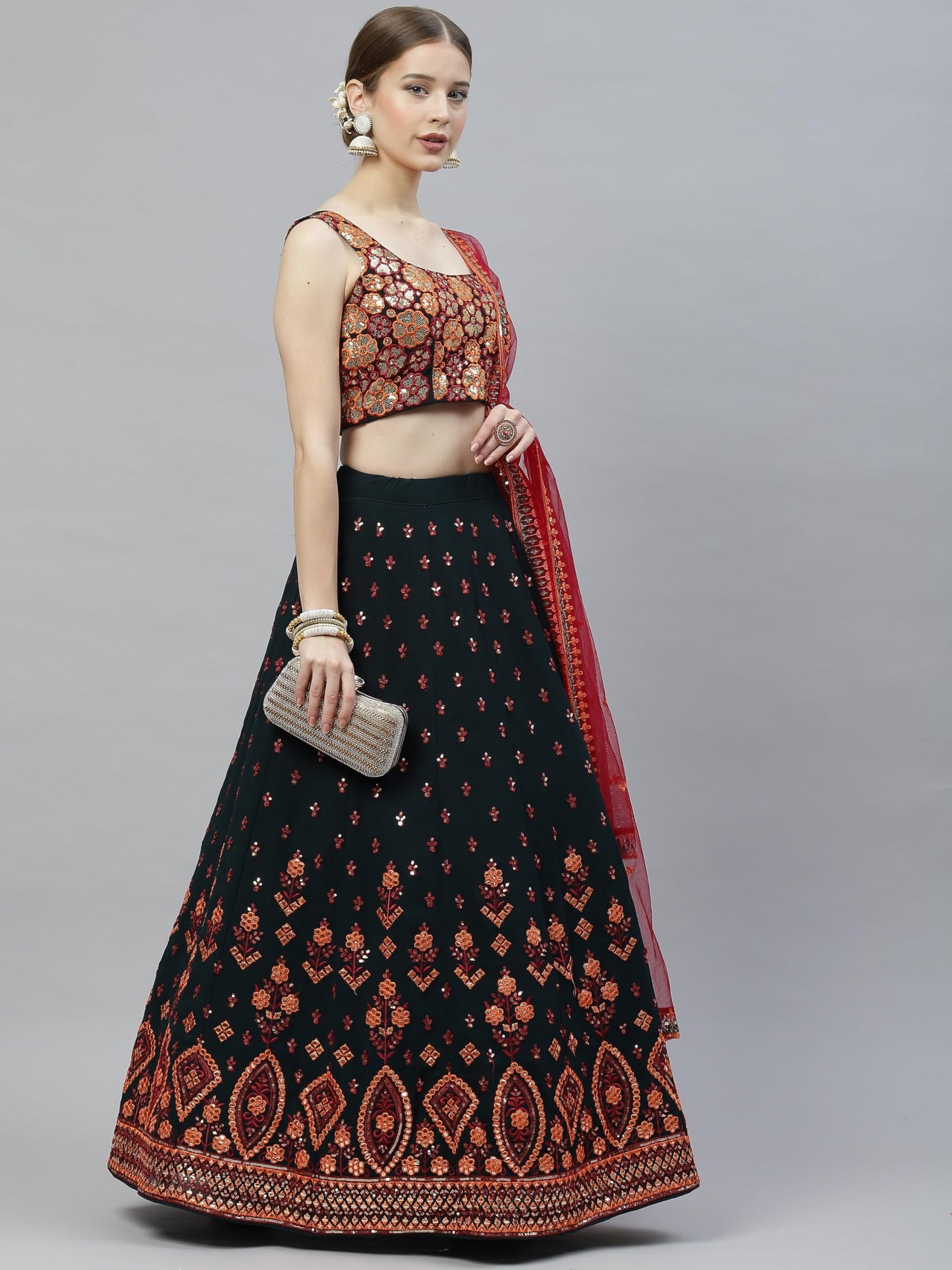 Divine Exim Women's Georgette Semi Stitched Lehenga Choli with Dupatta | Traditional, Wedding, Ethnic Wear Lehenga | Thread and Sequin Embroidery Pattern (Green)