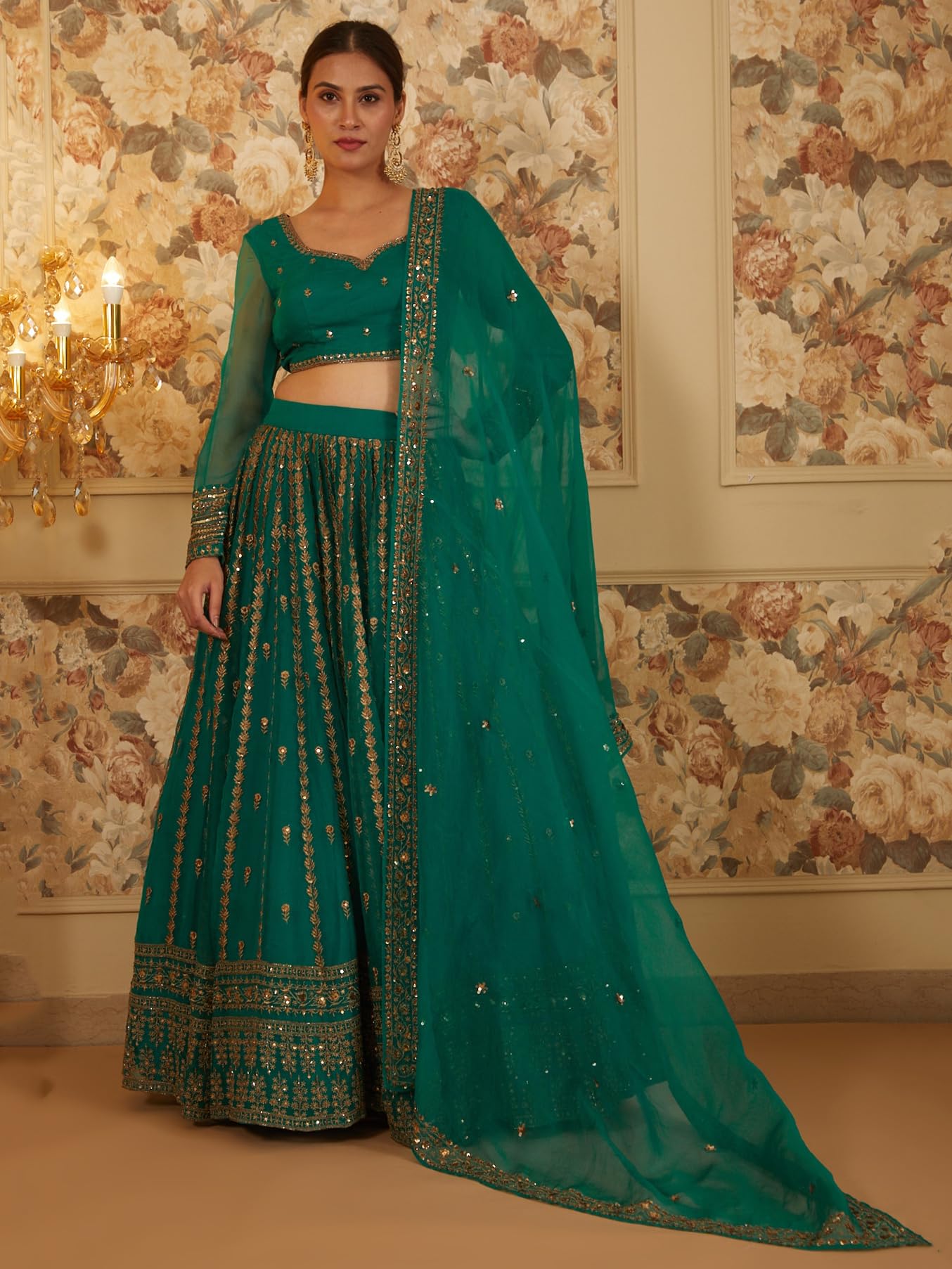 Zeel Clothing Women's Organza Semi-Stitched Zari With Sequins Embroidered Work Designer Lehenga Choli with Dupatta (7069-Green-s-Lehenga-Choli-Latest; Free Size) (Green)