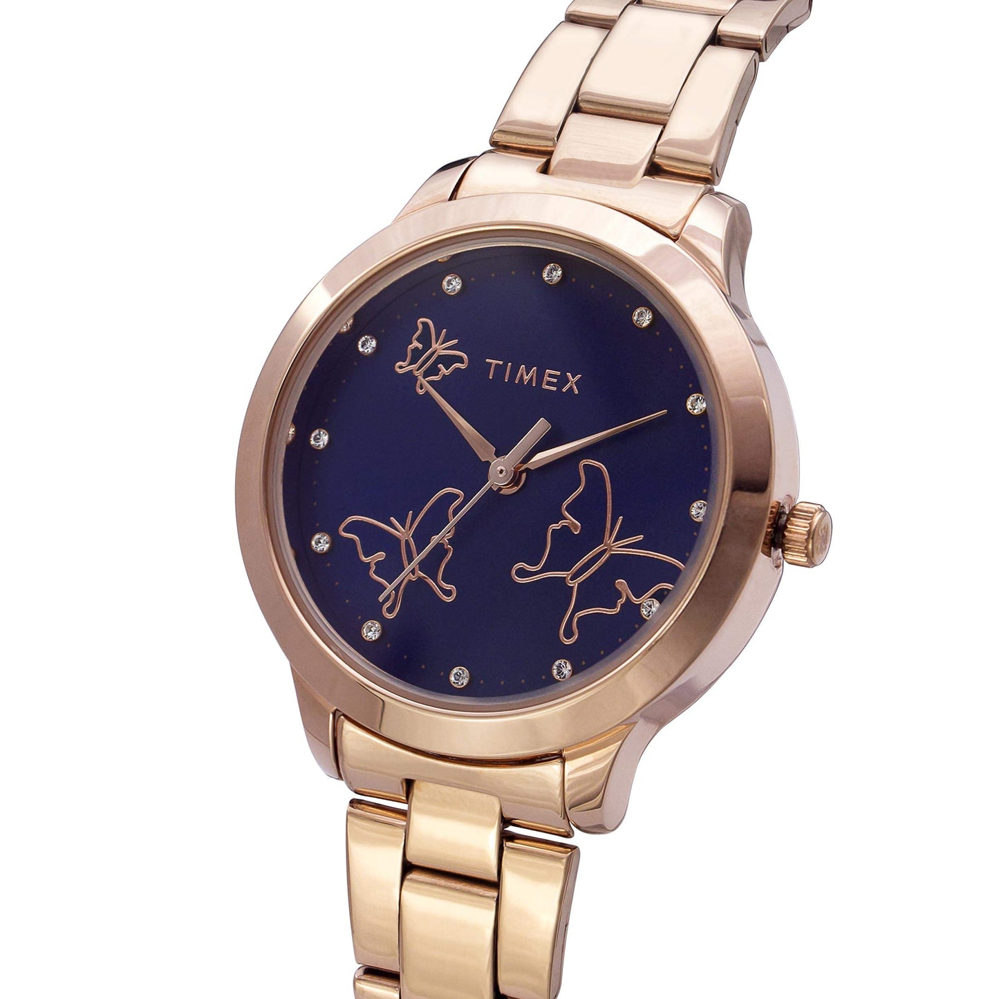 TIMEX Analog Watch for Women with Blue Round Dial & Rose Gold Stainless Steel Bracelet Band Water Resistant Women's Wrist Watches - TW000T631