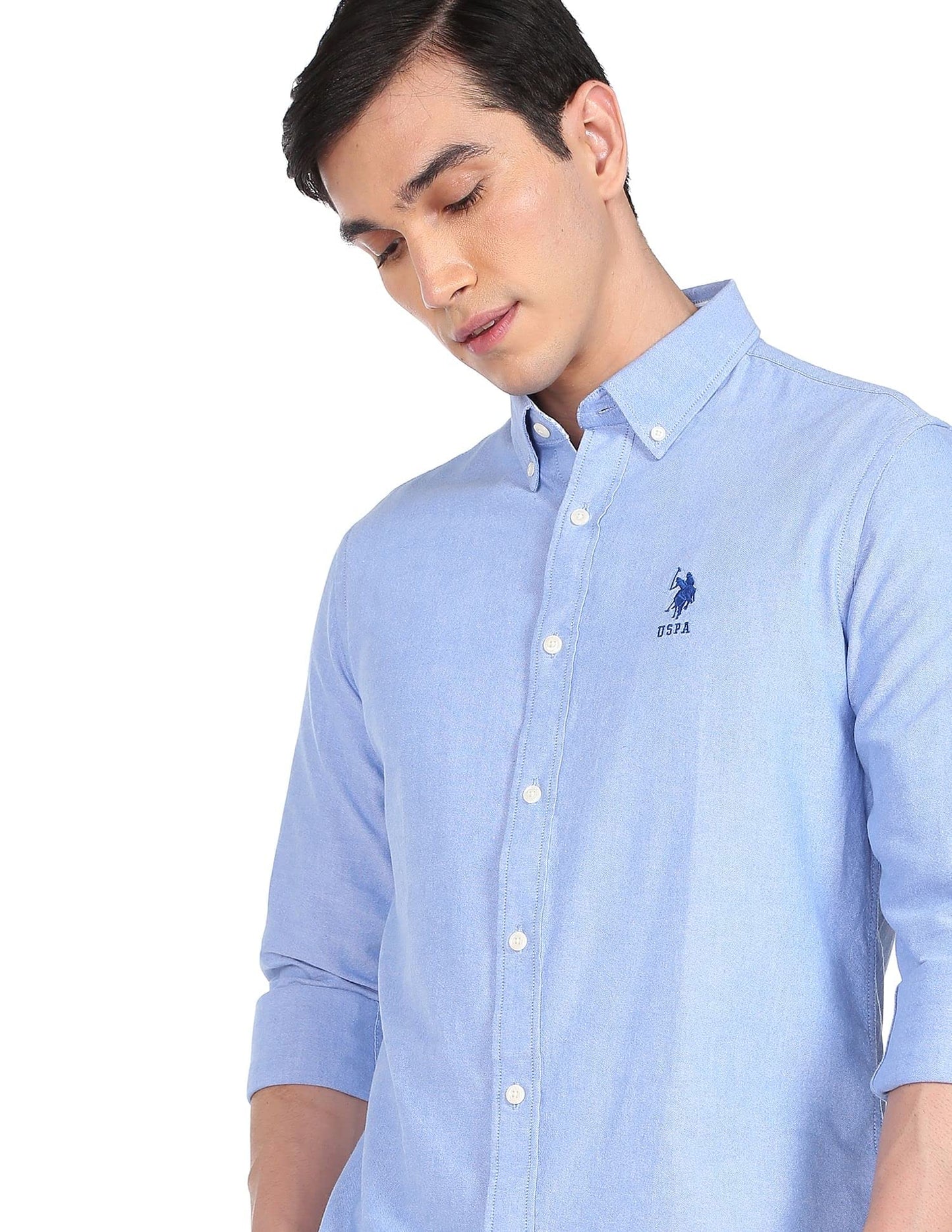 U.S. POLO ASSN. Men's Solid Oxford Tailored Fit Button Down Casual Shirt (USSHTC0065_Blue_L)