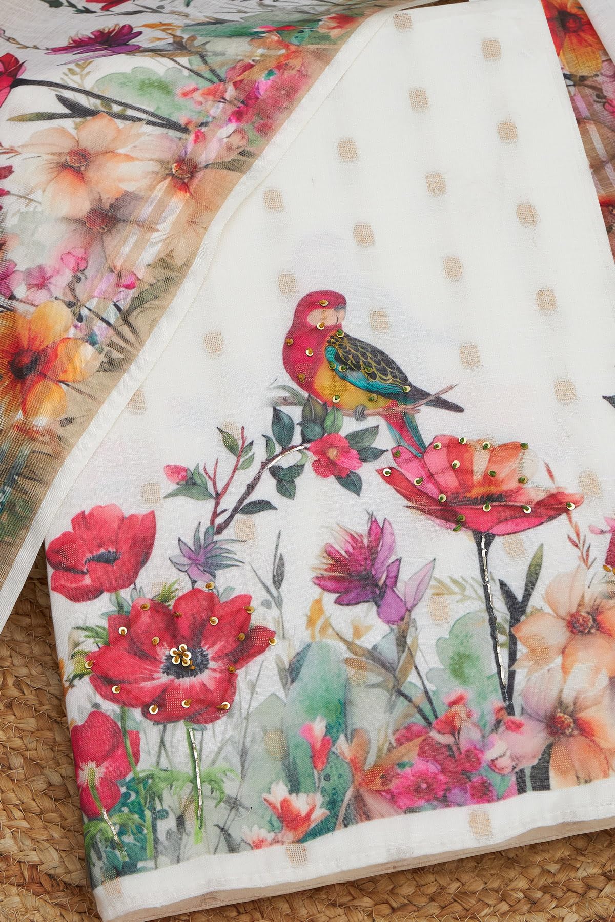 Soch Womens Off White Linen Botanical Print Unstitch Dress Material With Sequins