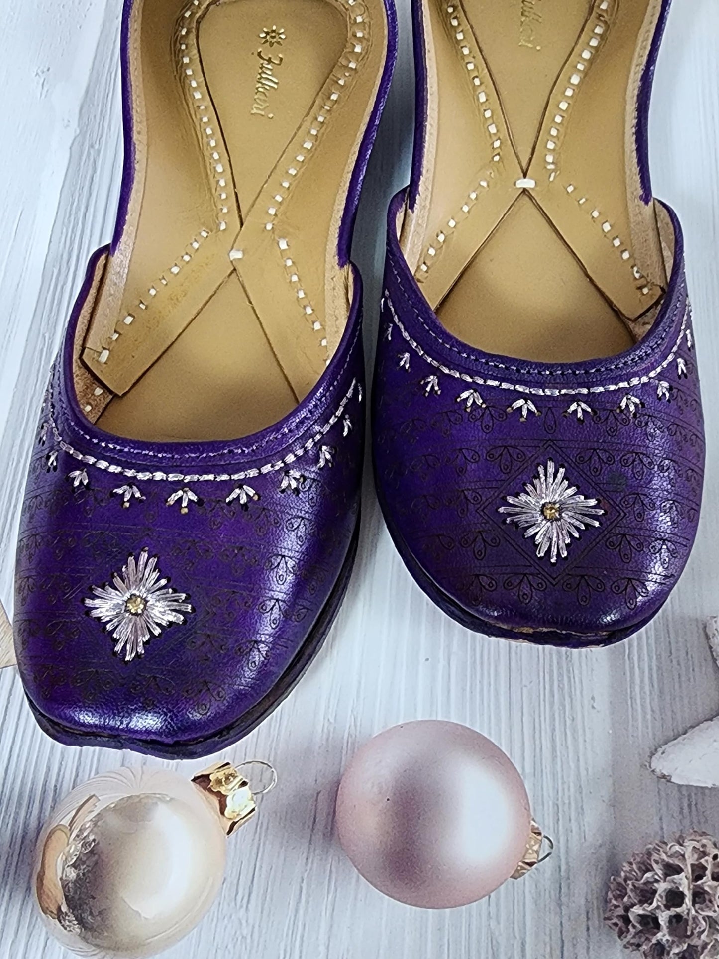 Fulkari Women's 3D Daimond Blue Gold Zarriwork Genuine Soft Leather Jutis | Bite and Pinch Free Juttis | Punjabi Jutti | Girl's Office Flat Ladies Mojari | dailywear Ethnic Juti | 36