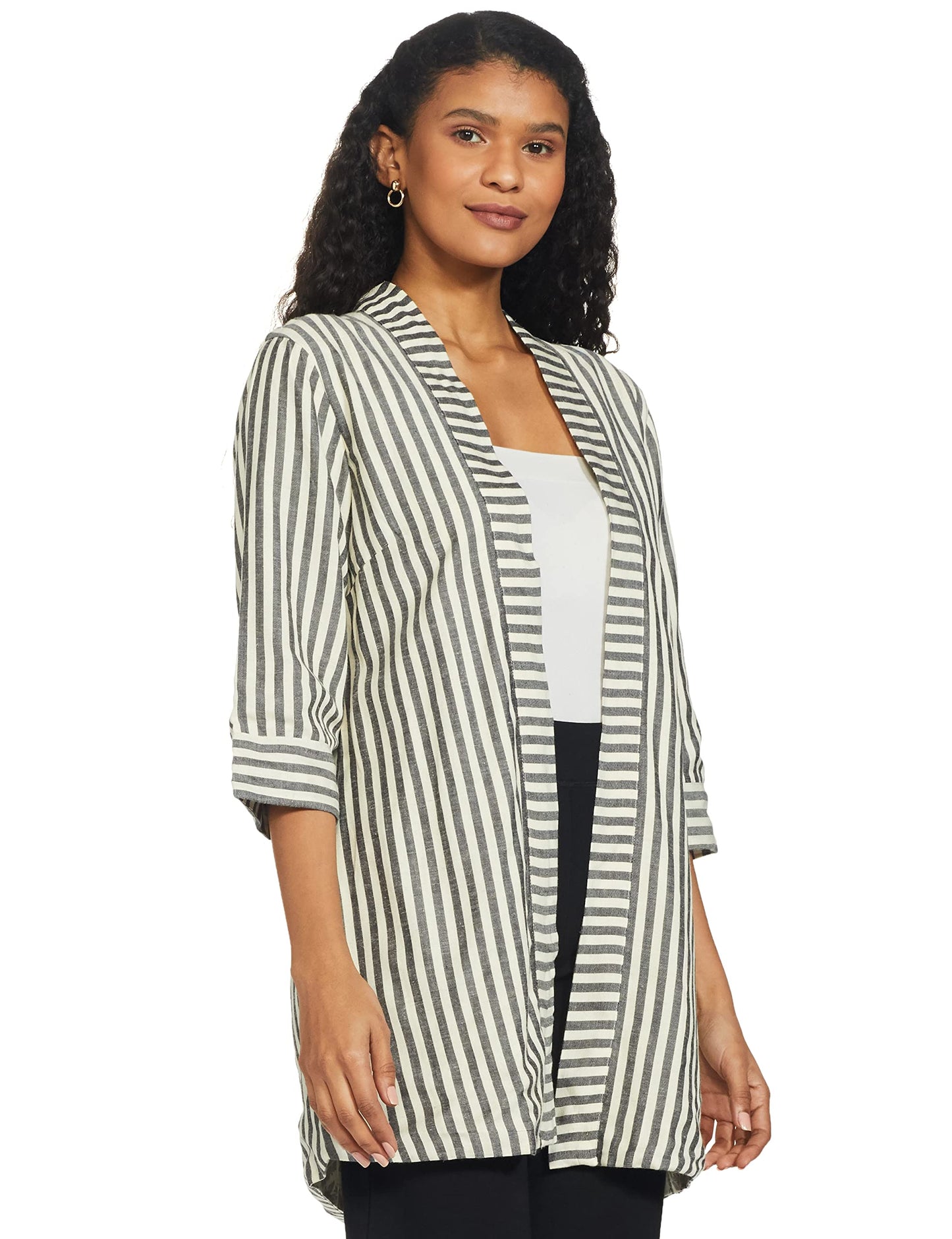 W for Woman Women's Ecru & Black Striped Shrug (21FEW14383-311847_Beige_L)