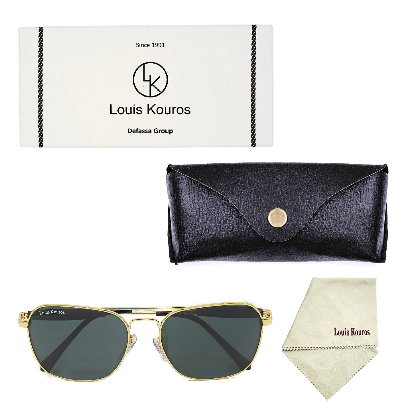 Louis Kouros Tigor Square Classic 1208-2168 sunglasses | Gold Frame | Black Lens | Mirror Lens | 400 UV Protected | For Men & Women| Medium