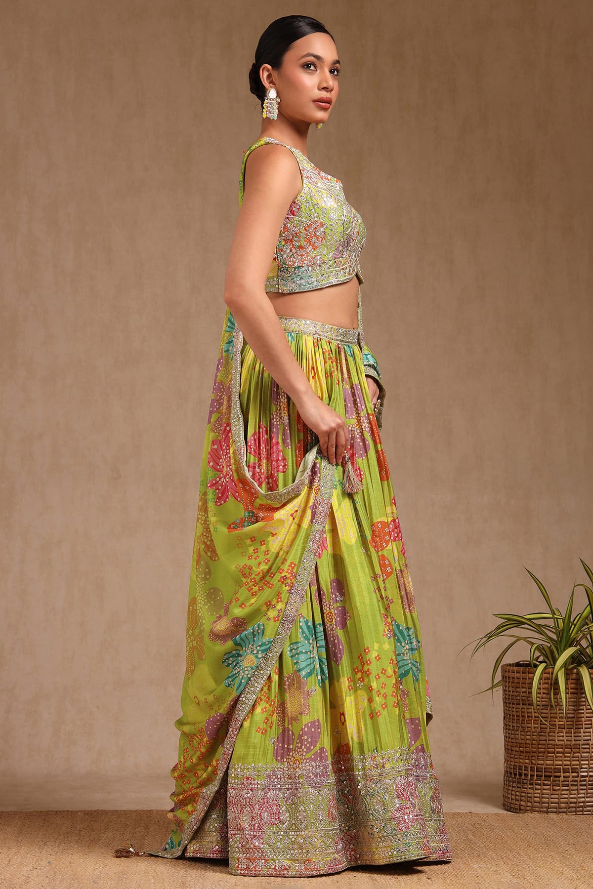 Soch Womens Light Green Chinon Blend Floral Print Lehenga Choli With Sequins