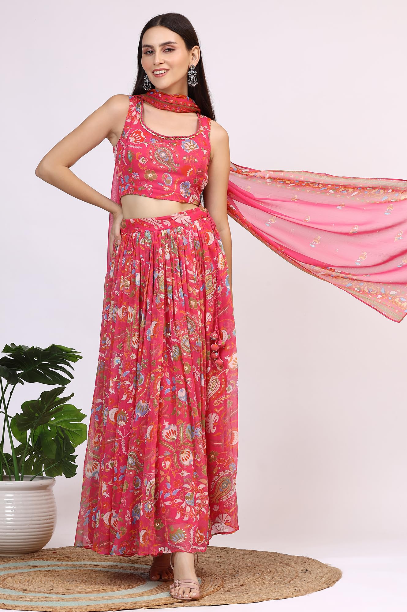 W for Woman Pink Floral Printed Embellished Chiffon Sleeveless Crop Top, Skirt and Dupatta Set (Size: L)-WS12117-124246