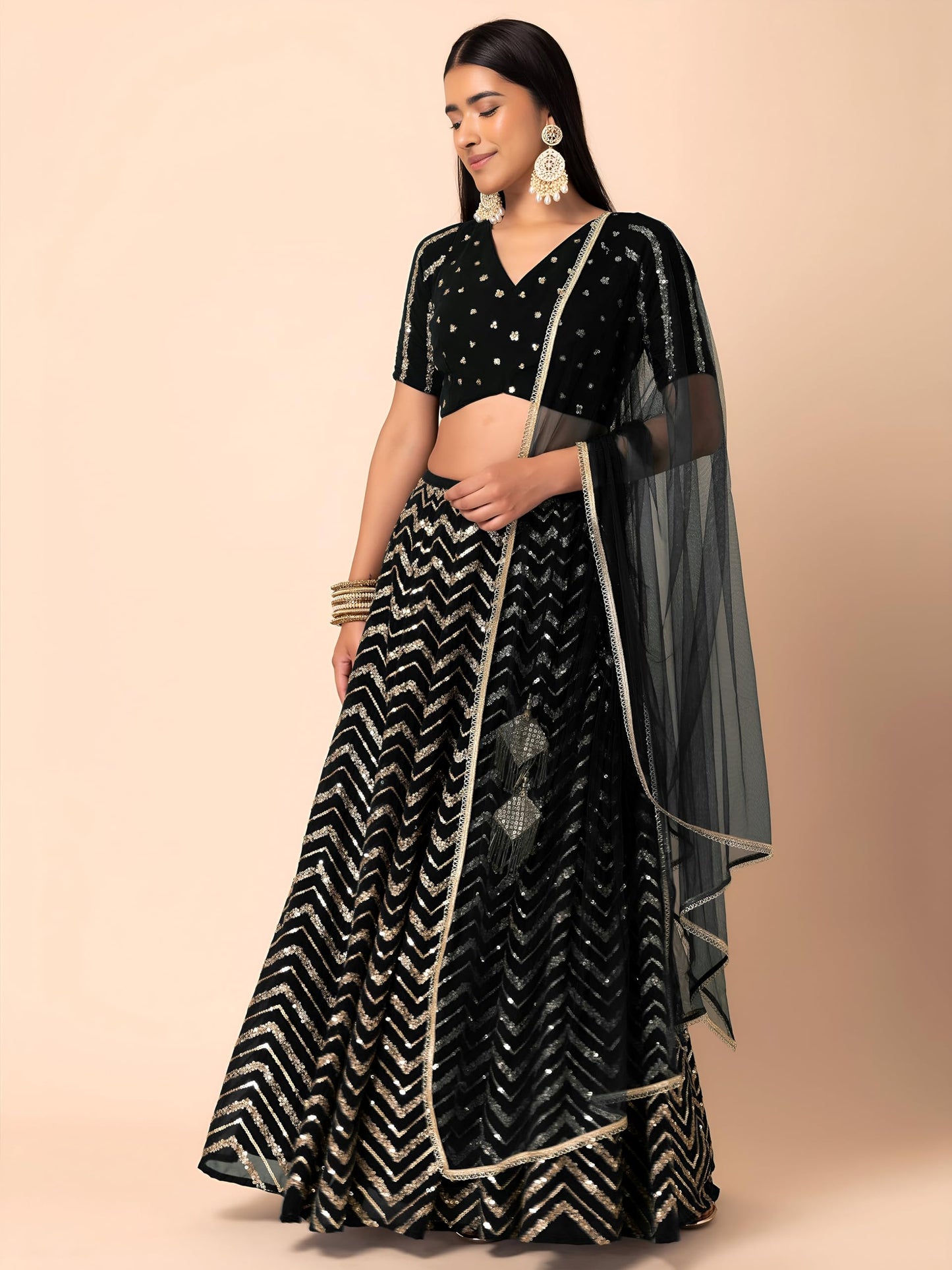 Zeel Clothing Women's Sequins Zari Embroidered Georgette Designer Lehenga Choli with Dupatta (7094-Womens-Lehenga-Choli-Latest; Free Size) (Black)