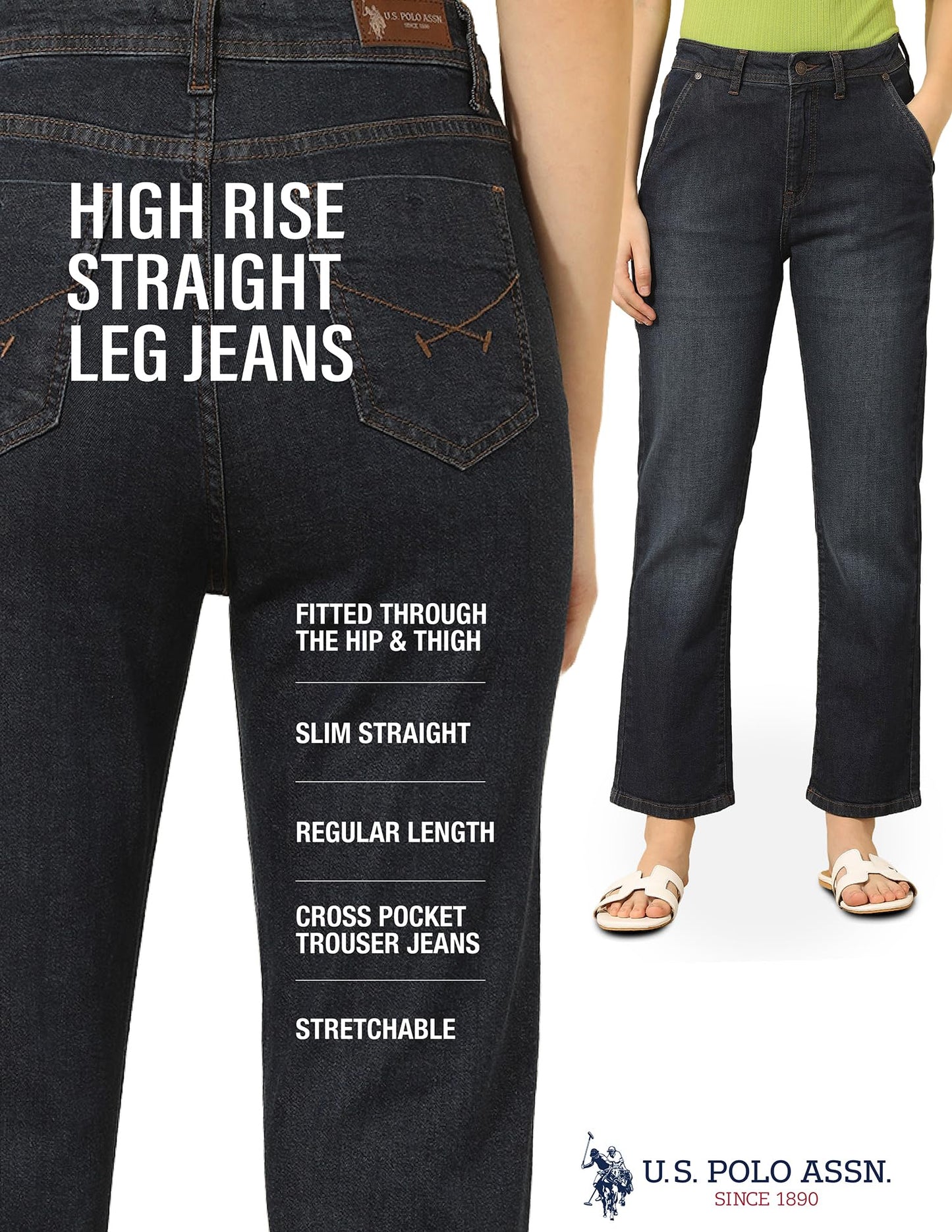 U.S. POLO ASSN. High Rise Straight Fit Jeans (UWSS25JEN317_Blue_34)