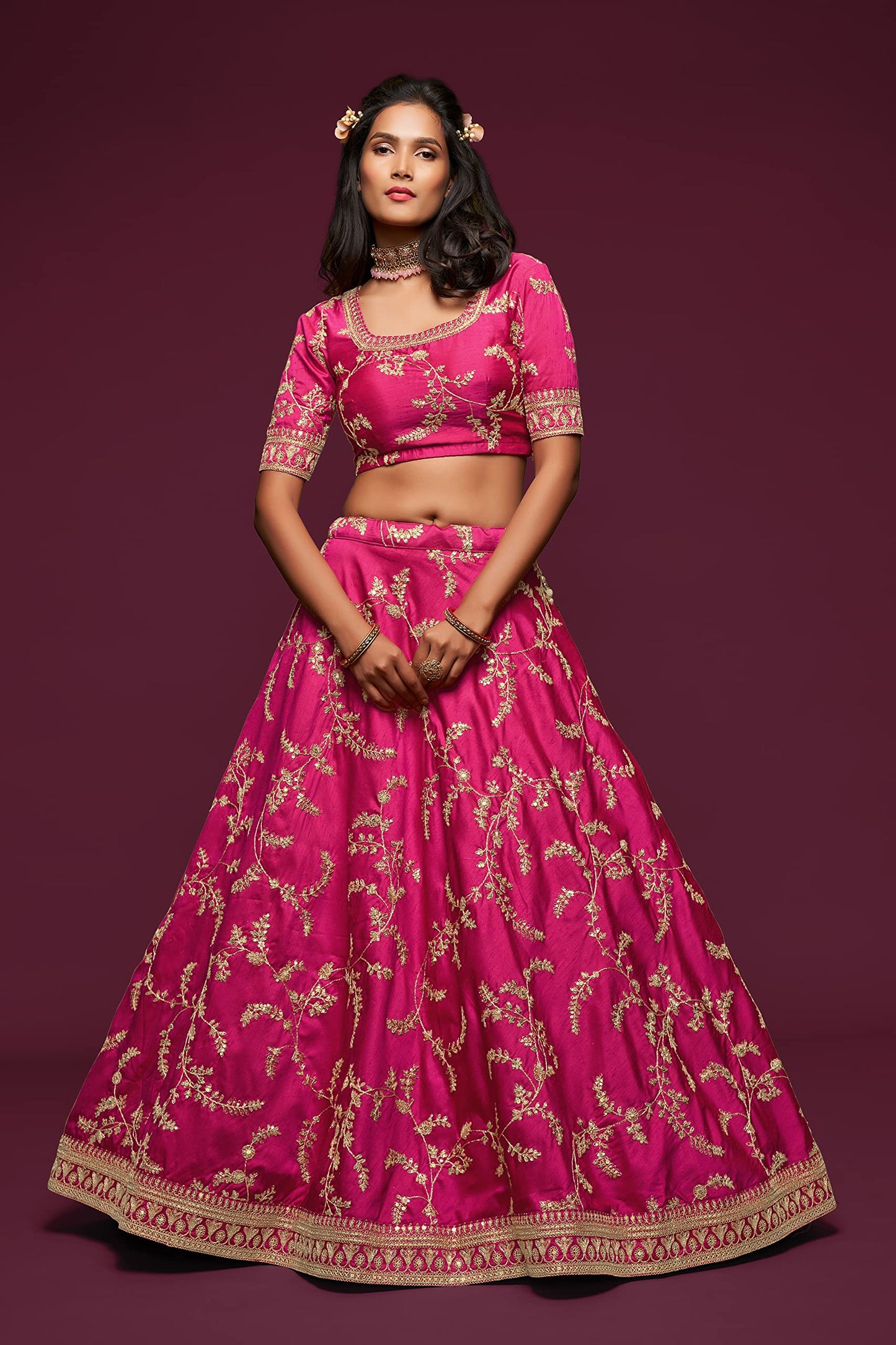 Zeel Clothing Women's Art Silk Semi-Stitched Lehenga Choli with Dupatta (7806-Pink-Wedding-Bridal-Latest-Lehenga; Free Size) (Pink)