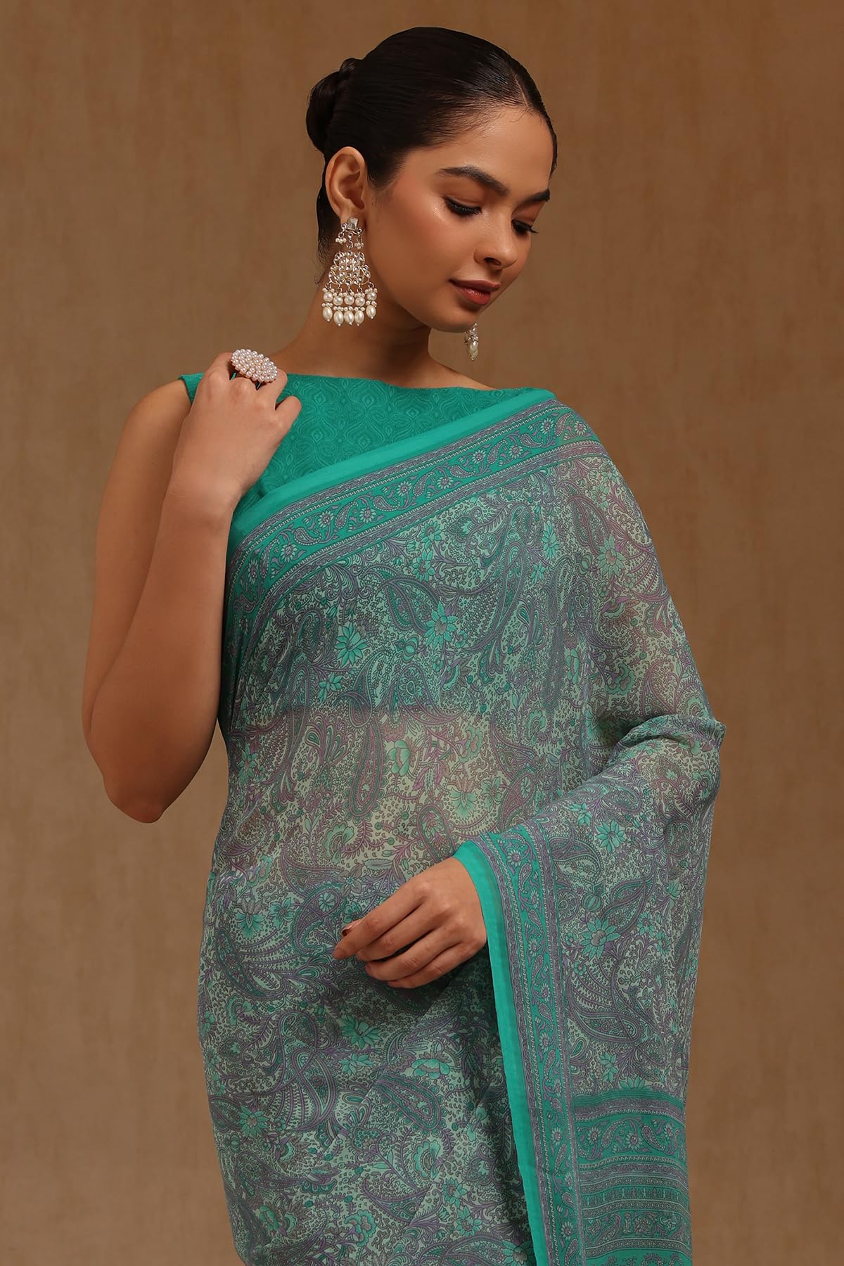 Soch Womens Teal Green Georgette Paisley Print Saree