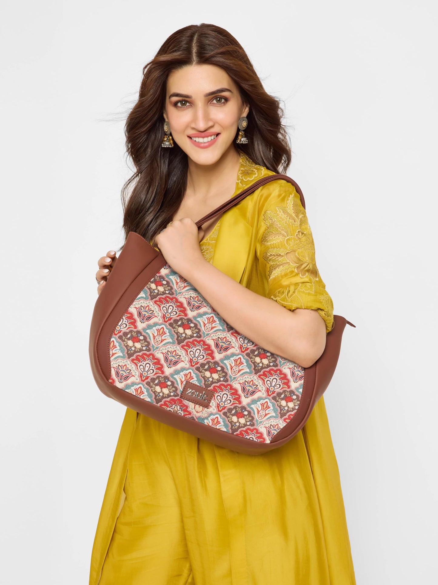 ZOUK Mughal Art Multicolor Motif Printed Jute Handcrafted Vegan Leather Multicolor Women's Shoulder Luna Handbags | Ladies Purse Handbag
