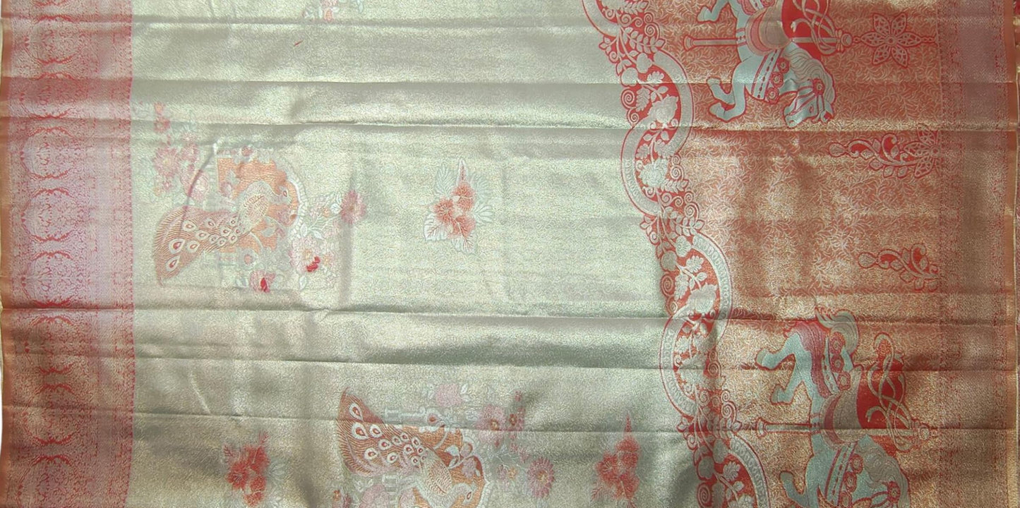 VFCollections Women's Kanchipuram Silk Pure Pattu Sarees – Peacock Border with Blouse (VFC694-4)