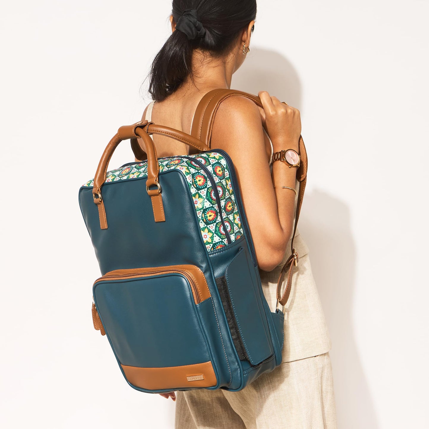 Chumbak Bombay Backpack for Women, Navy Floral PU Leather, Digital Nomad Collection, Trendy and Functional Backpack with Zipper, Ideal for Daily Commute and Travel