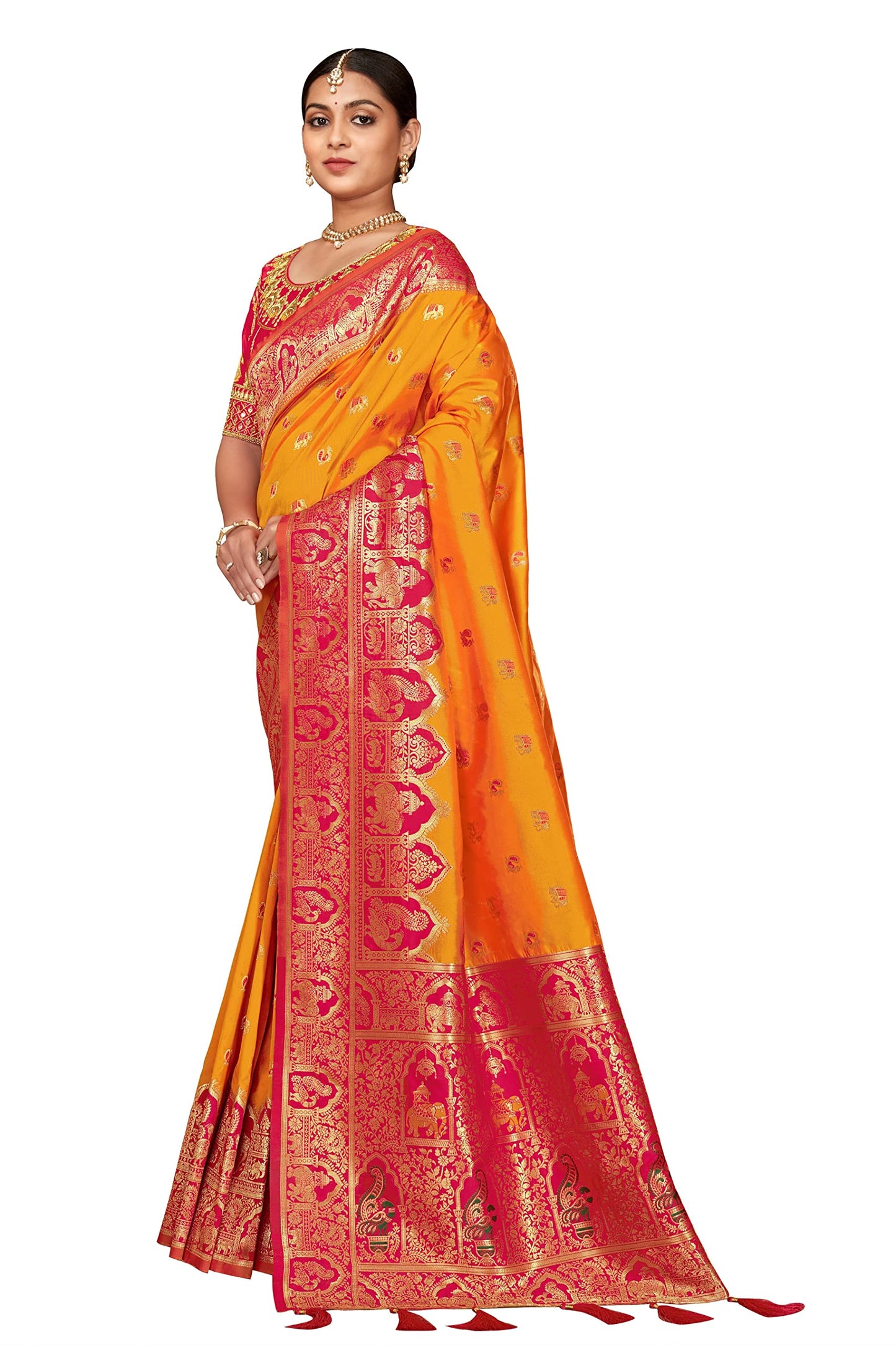 MANOHARI Women's Traditional Jacquard Work Yellow Banarasi Silk Woven Pattern Most Trendy Saree with Unstitch Blouse Piece