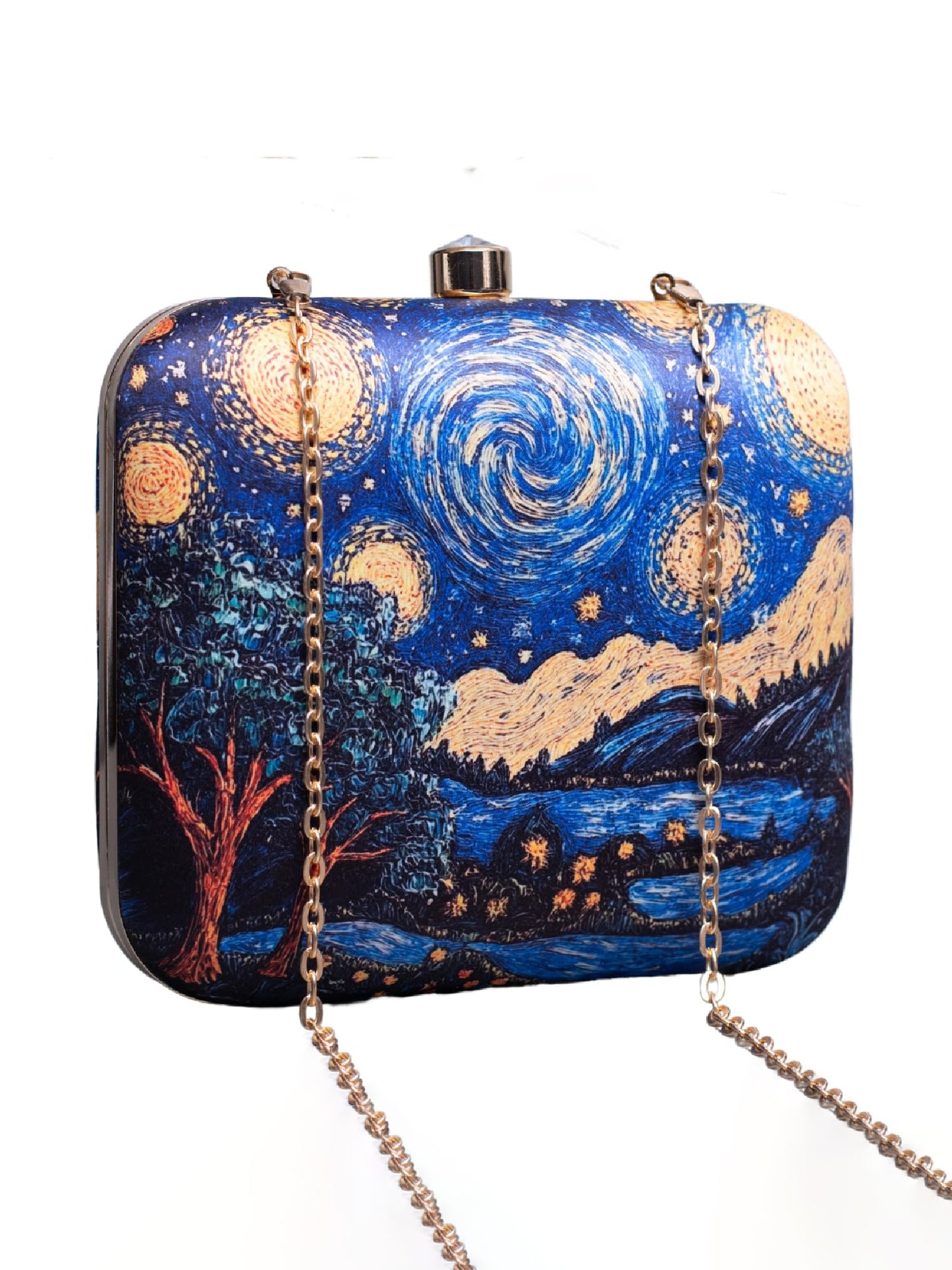 Artklim Blue Star Night Art Printed Golden Strap Quirky Box Clutch for Women - Sling Purse - Valentine’s Day Gift for Girlfriend