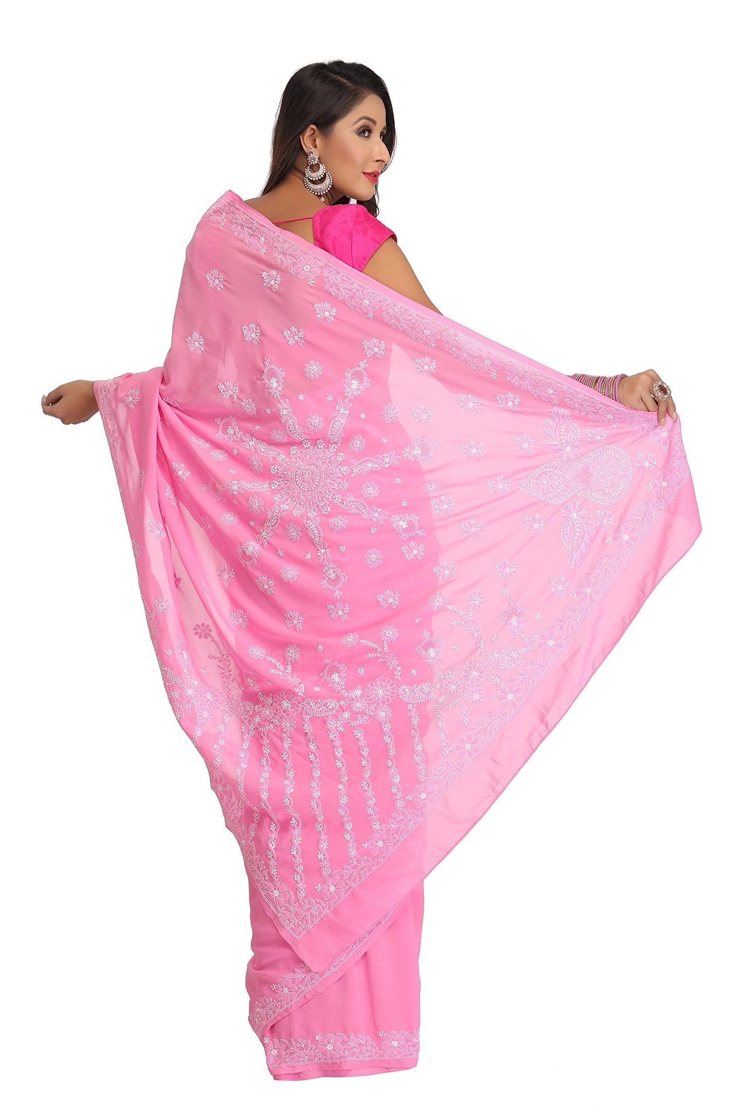 Ada Hand Embroidered Lucknow Chikan Faux Georgette Women's Chikan Saree With Blouse A130252 Pink