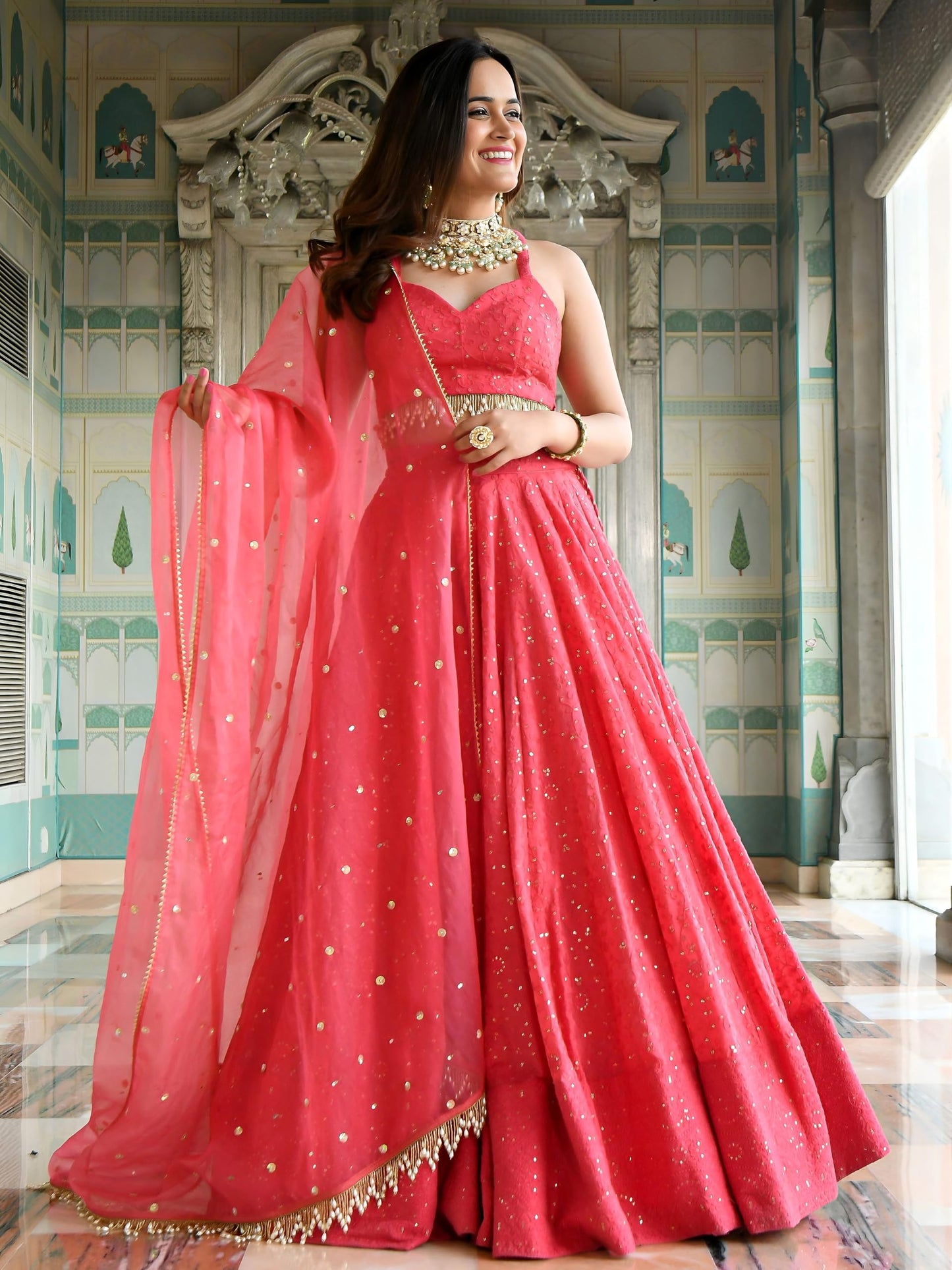 Zeel Clothing Women's Sequins Thread Embroidered Georgette New Lehenga Choli With Dupatta (7082-Pink-Wedding-Stylish-Latest; Free Size)