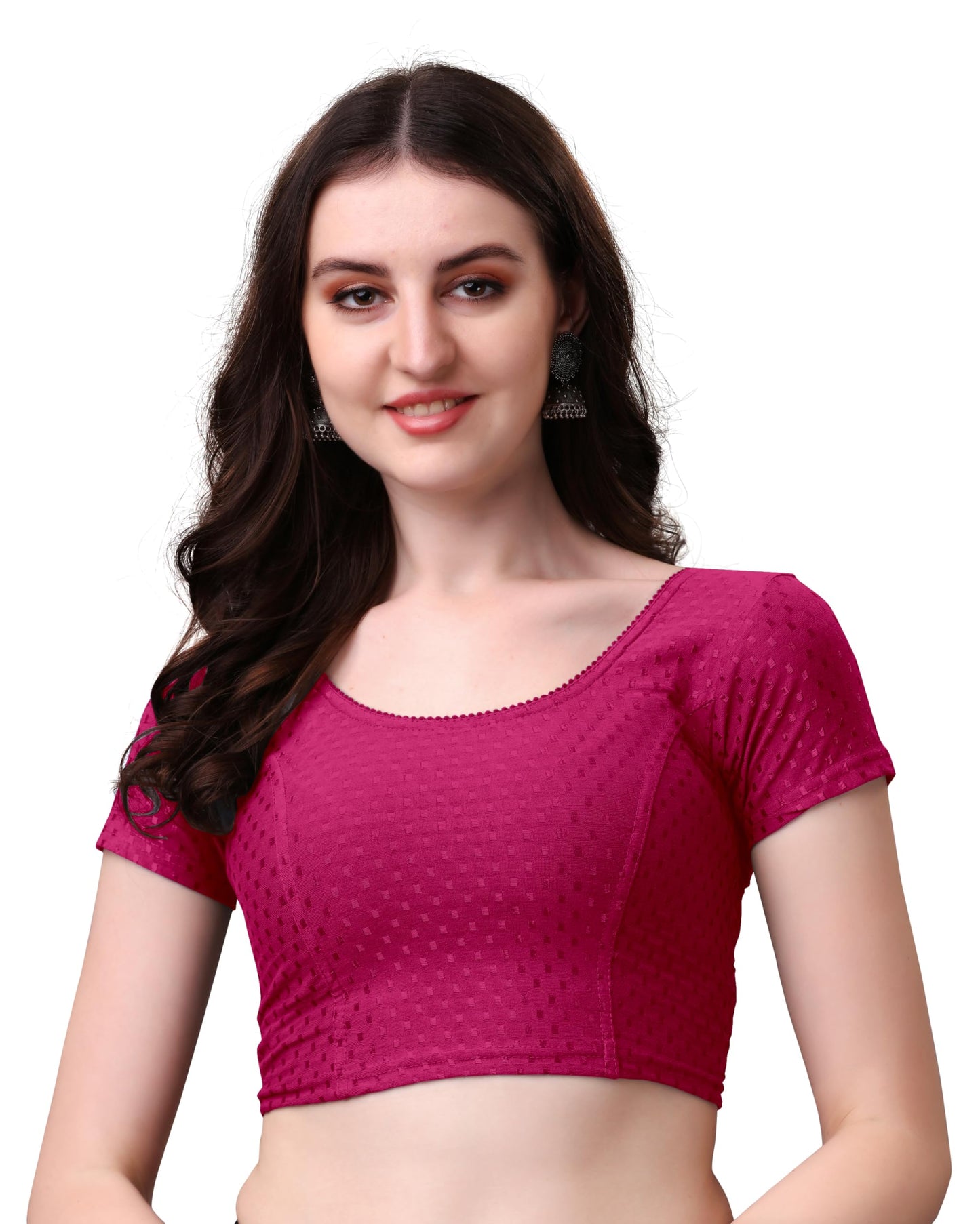 Mogsa Stylish Cotton Saree Blouse for Women | Soft Dobby Stretch Fabric | Round Neck | Stitched Blouse for Party, Casual & Festive Use (Pink, 34)