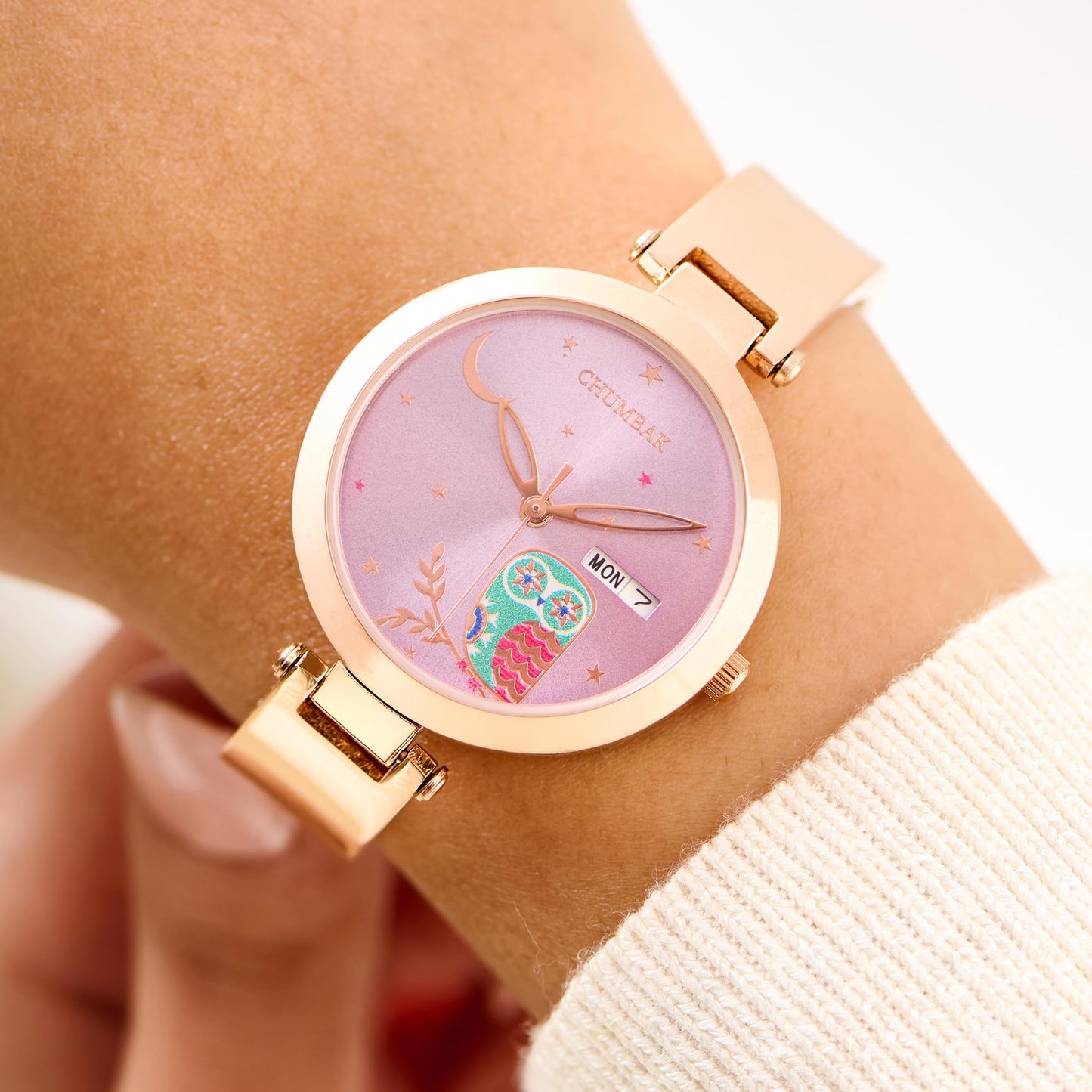 Chumbak Nocturnal Metal Watch | Rosegold with Lilac Dial|Stylish Fashion Watch for Casual/Work|Gifts for Women/Girls/Ladies|Wrist Watches for Women