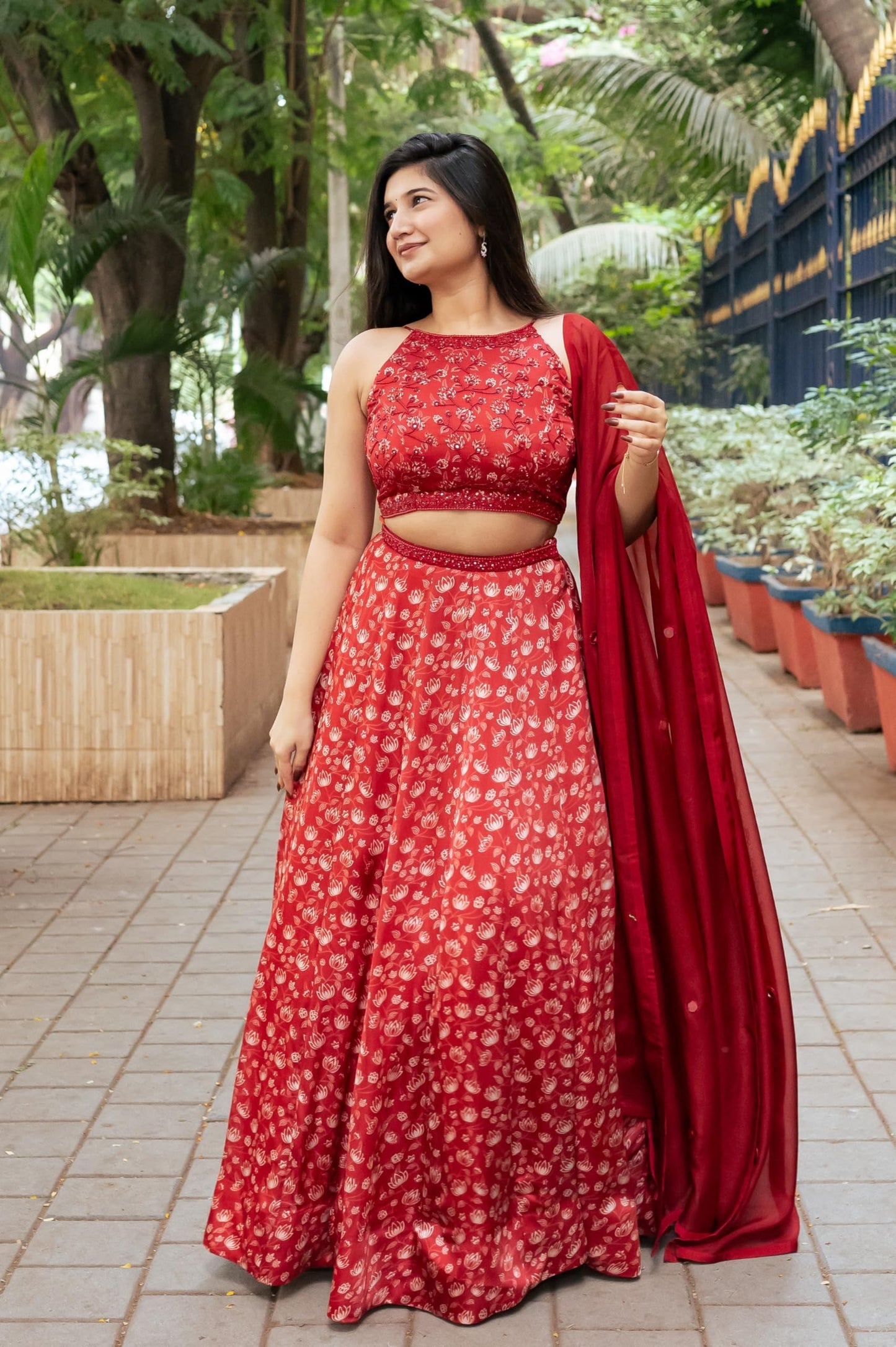 essaySumedha Agrawal Organza Satin Organza Santoon Floral Lehenga for Women (Size: 6XL, Rust)