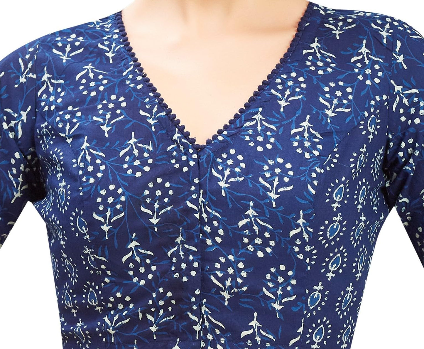 Studio Shringaar Women's Indigo Blue Cotton Block Printed V Neck Elbow Length Sleeves Saree Blouse (Indigo Blue, 36)