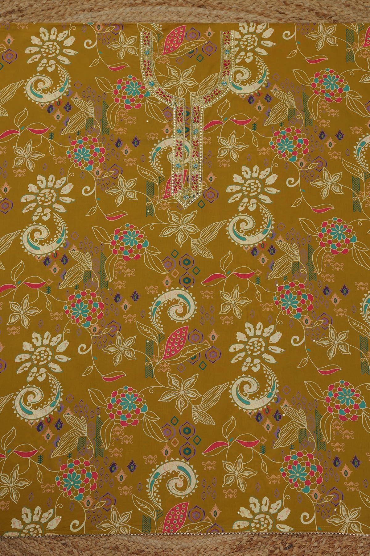 Soch Womens Mustard Cotton Floral Dress Material With Beads