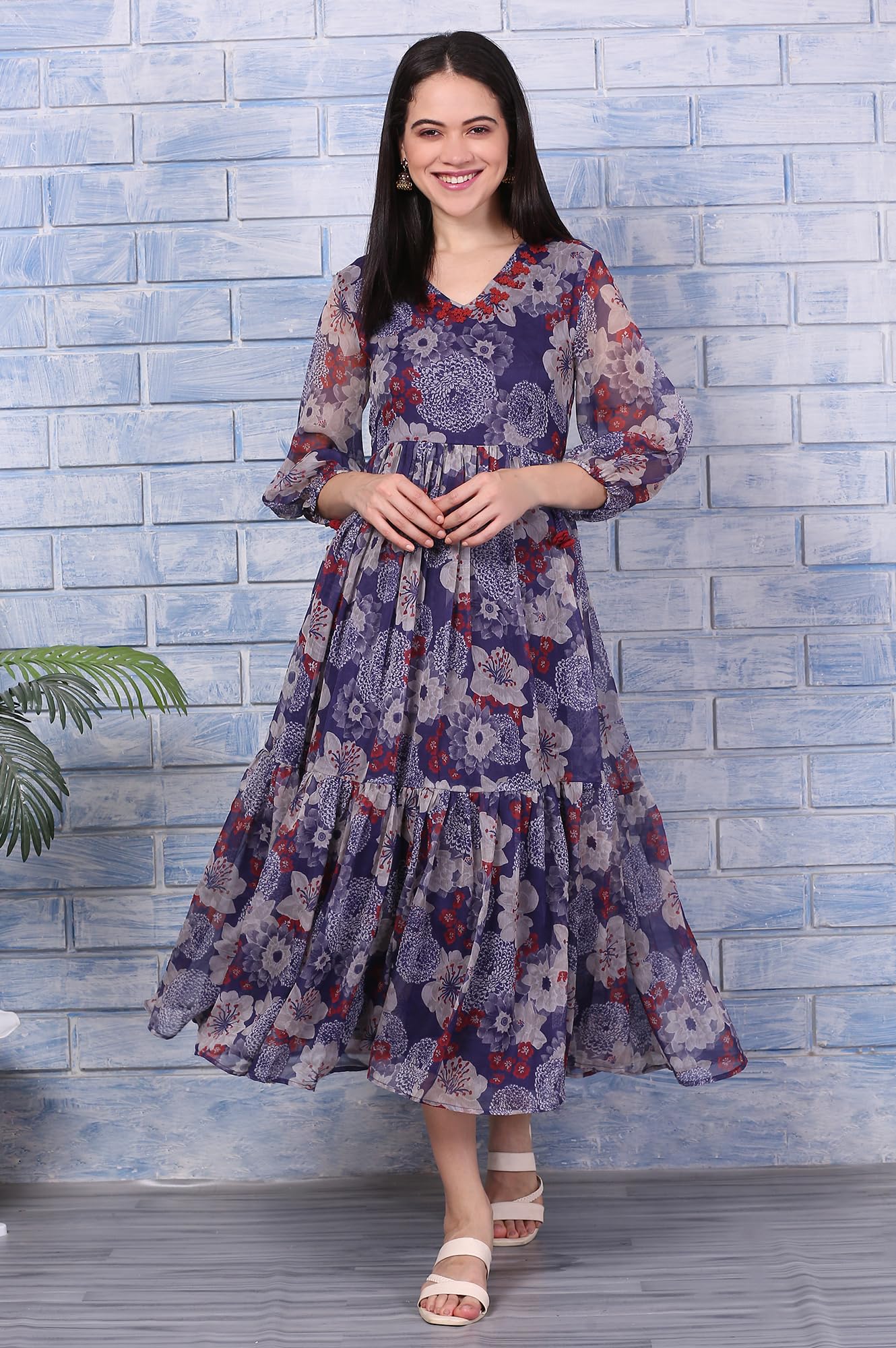 W for Woman Purple Floral Printed Chiffon Gathered Dress (Size: XL)-W12804-125946