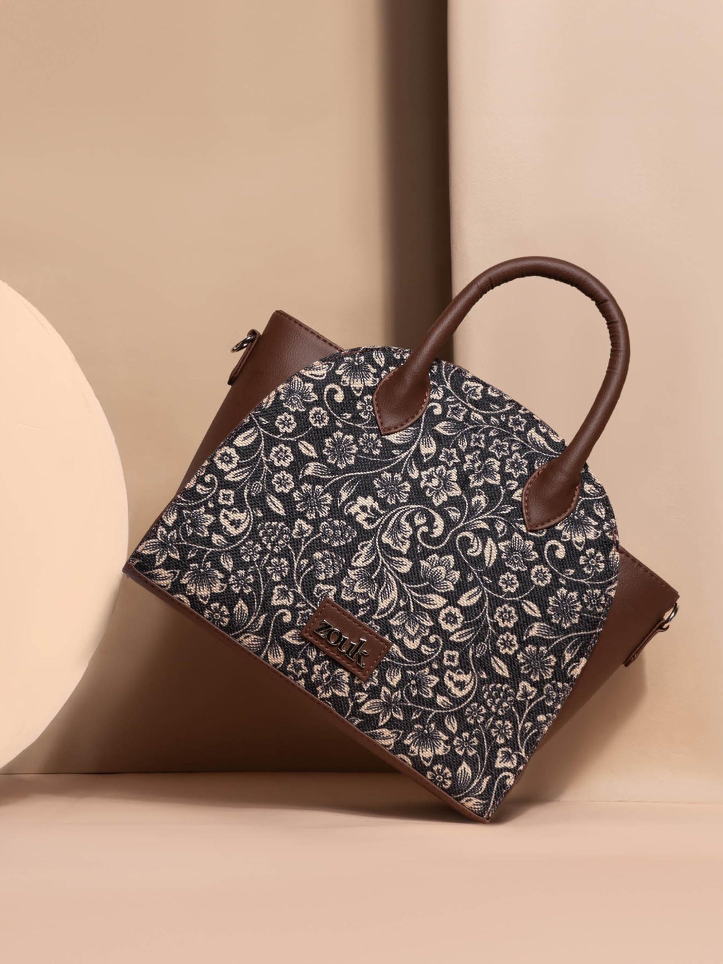 ZOUK Konkona City Satchel Bag - FloMotif | Jute | Vegan Leather Handcrafted With Detachable Sling Strap | Black