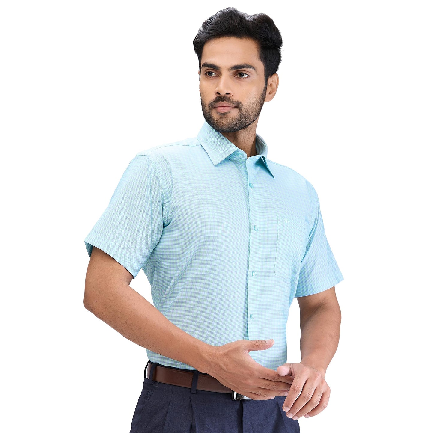 Raymond Men's Contemporary Fit Checks Pattern Pure Cotton Semi Cut Away Collar Half Sleeve Formal Shirt (Size: 42)-RMSY12320-N3 Medium Green