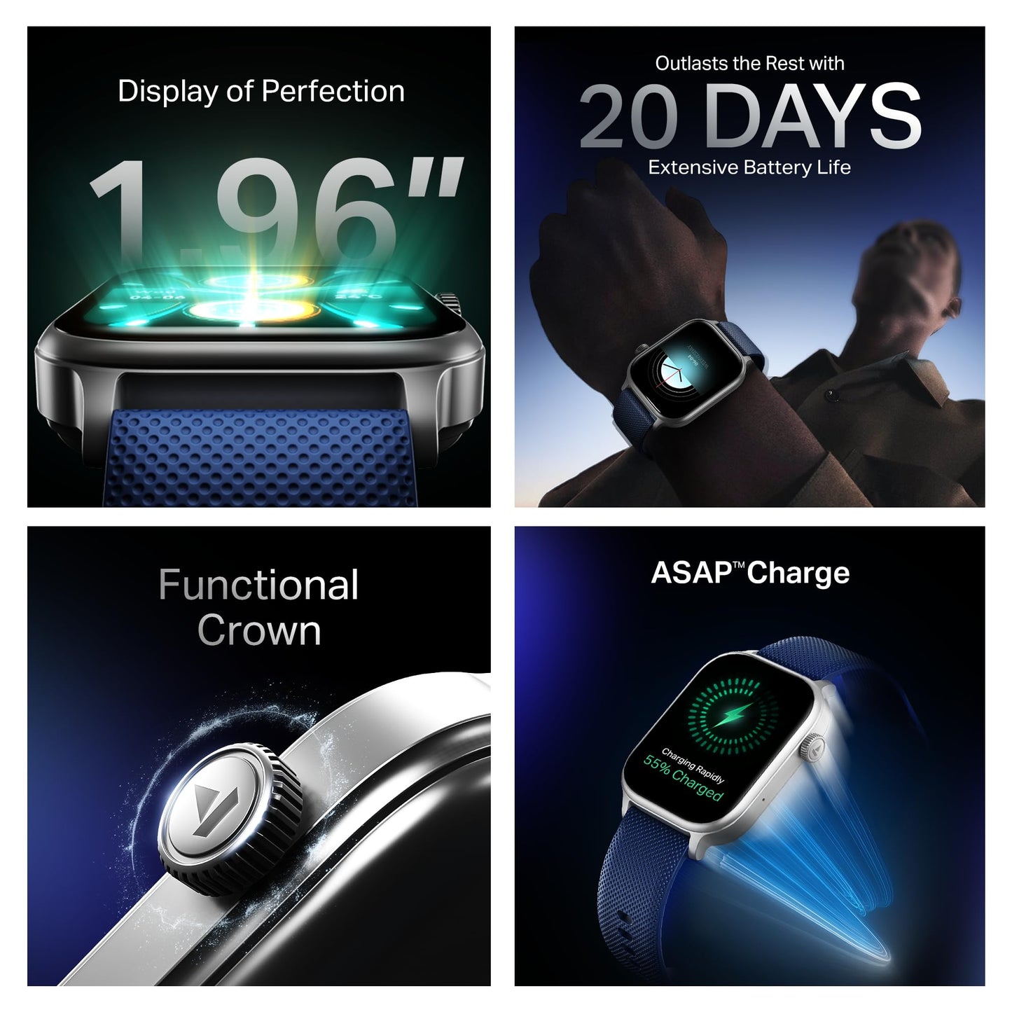 Boat Storm Infinity Plus Smartwatch with 20 Days Battery, ASAP™ Charge, 4.97 cm HD Display, Functional Crown, Multiple Sports Modes, BT Calling, SOS, IP68, Heart Rate & SpO2 Monitor (Deep Blue)