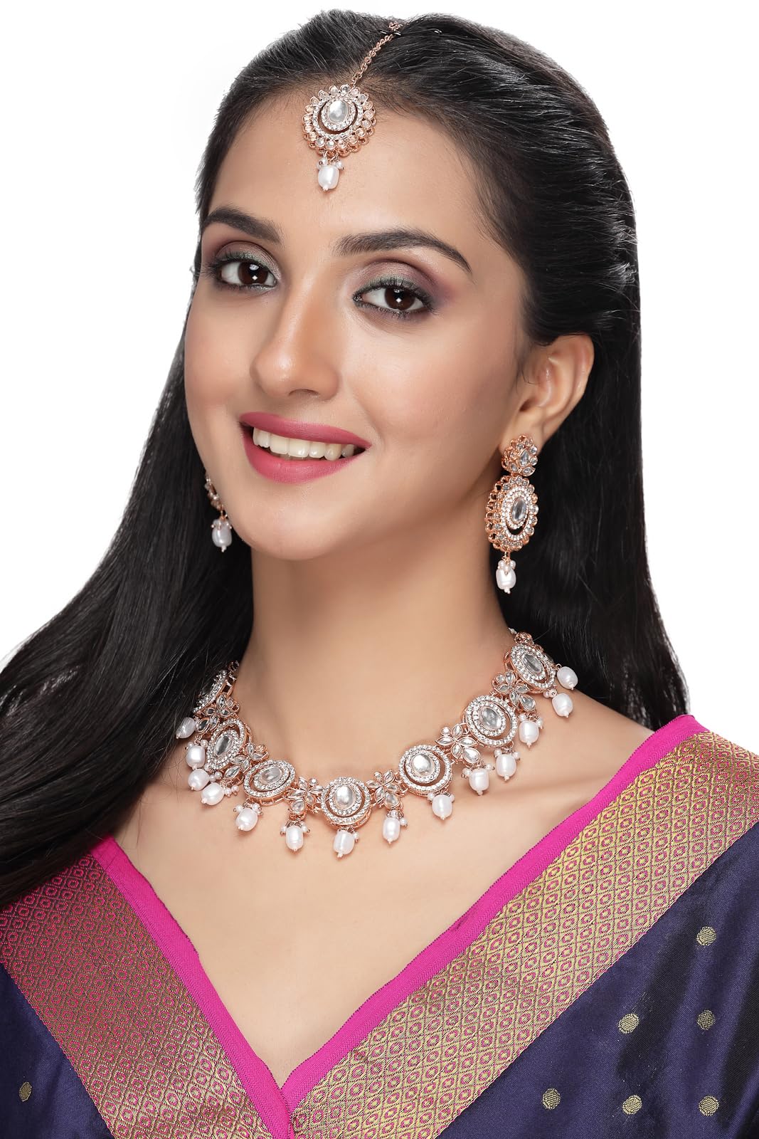 Sukkhi Traditional Gold Plated AD Stone Collar Bone Necklace Set With Earring And Maangtika | Jewellery Set For Women (NS105700)