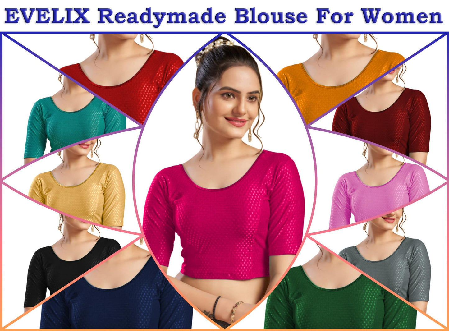 EVELIX Ethnic Designer 3/4 Sleeve Blouse for Women Cotton Lycra, Stretchable, Readymade - Stylish Round Neck Blouse for Saree, Choli, and Lehenga - Pull On Design (Magenta Pink, 40 to 44 (Big Sizes))