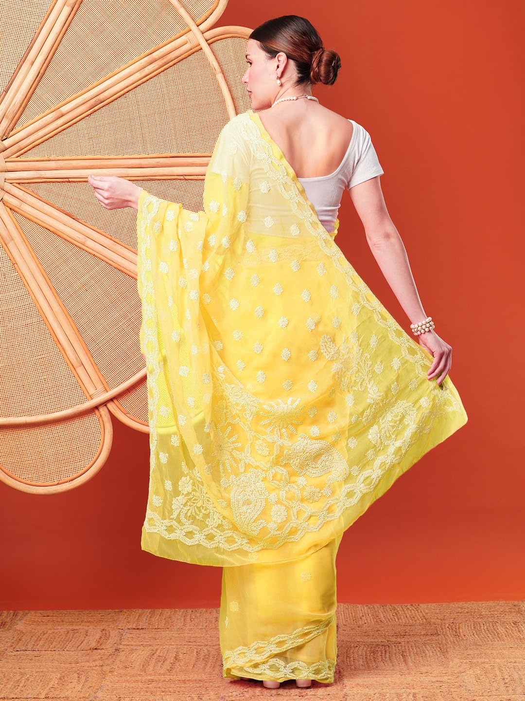 Ada Women Hand Embroidered Lucknowi Chikankari Georgette Saree With Unstitched Blouse Piece A129556, Yellow